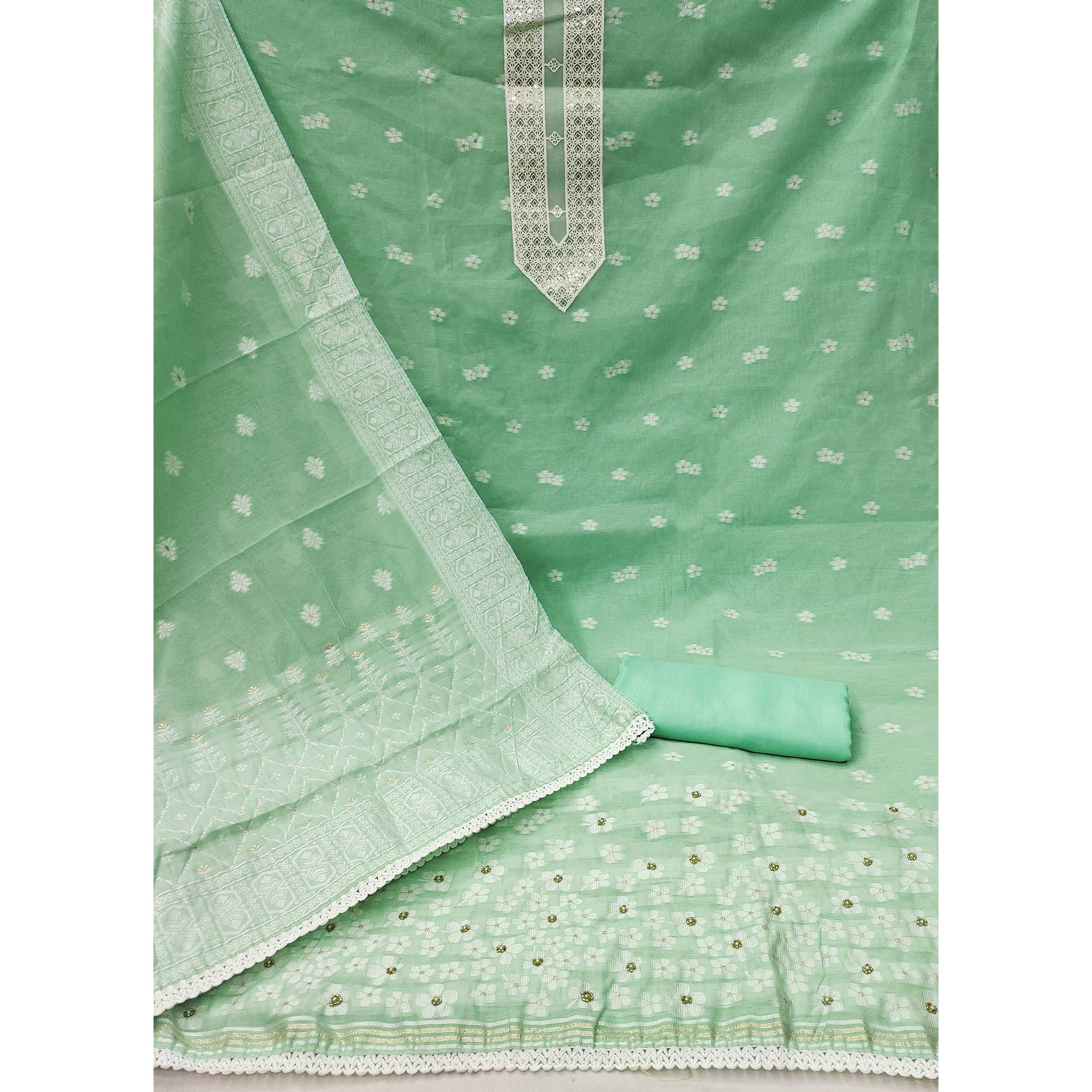 Sea Green Floral Woven With Hand Embroidered Muslin Dress Material
