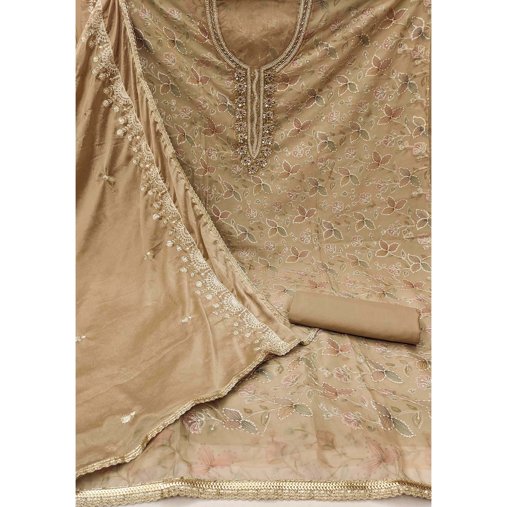 Chikoo Floral Hand Embroidered Organza Dress Material