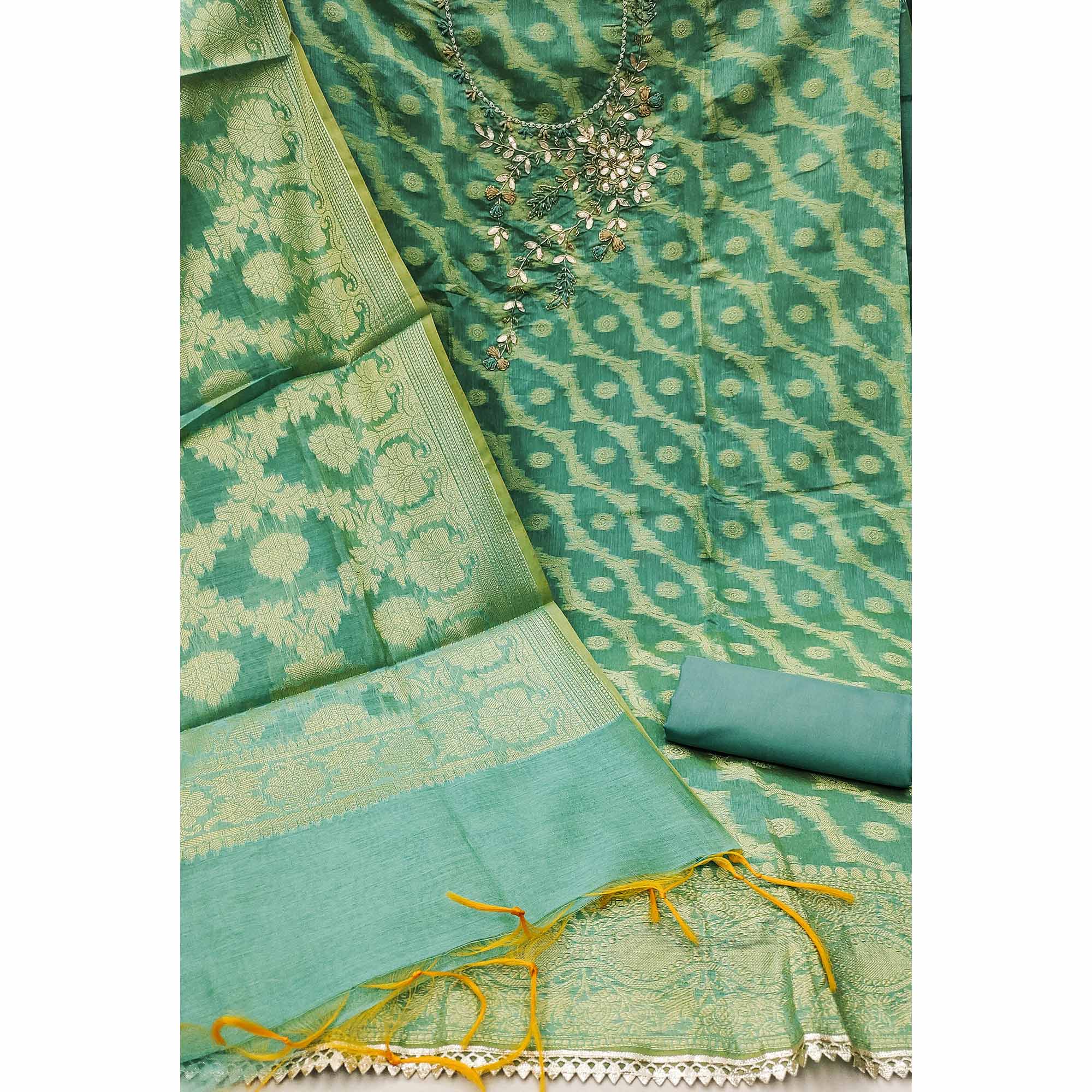Turquoise Woven With Hand Embroidered Chanderi Silk Dress Material