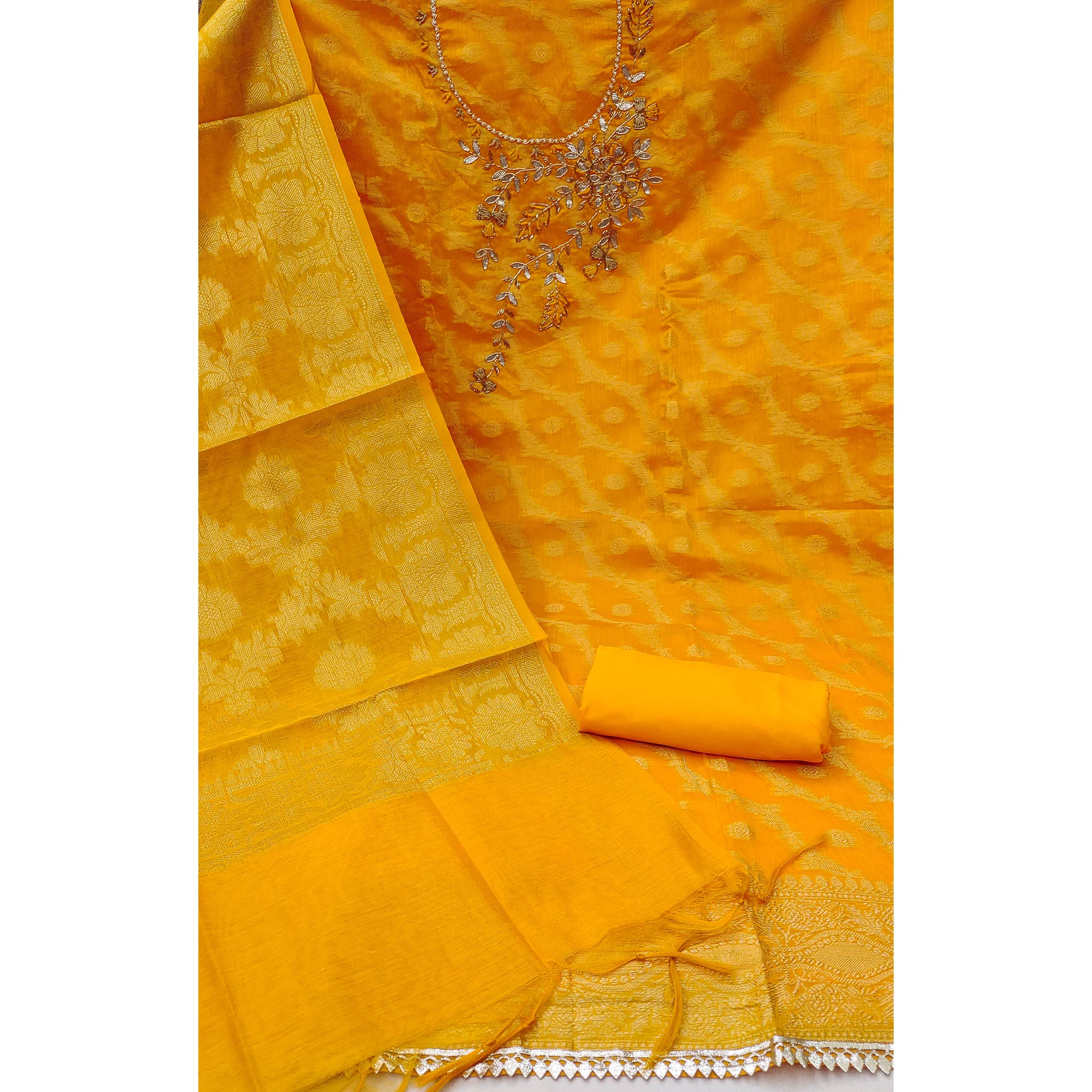 Yellow Woven With Hand Embroidered Chanderi Silk Dress Material