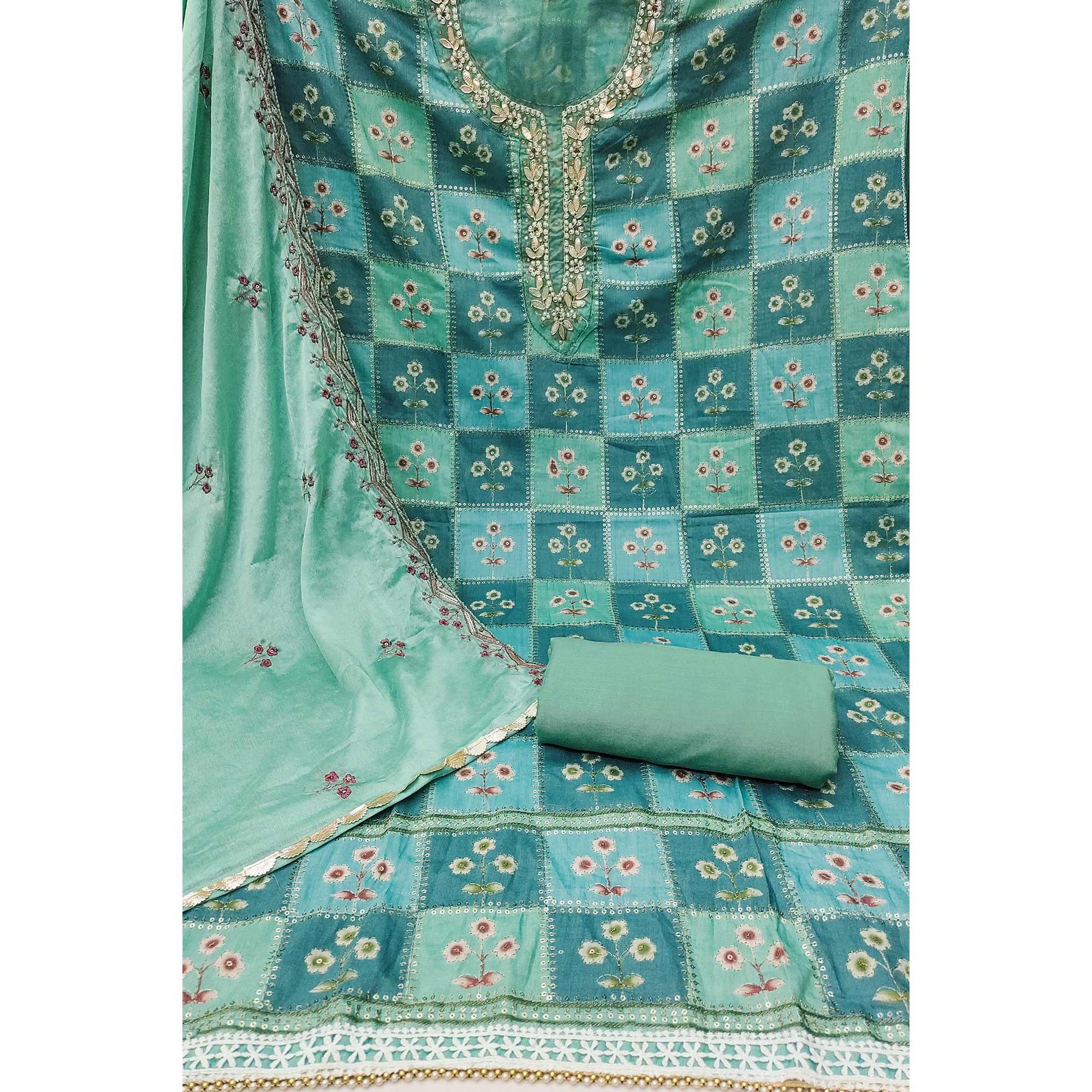 Turquoise Floral Hand Embroidered Muslin Dress Material