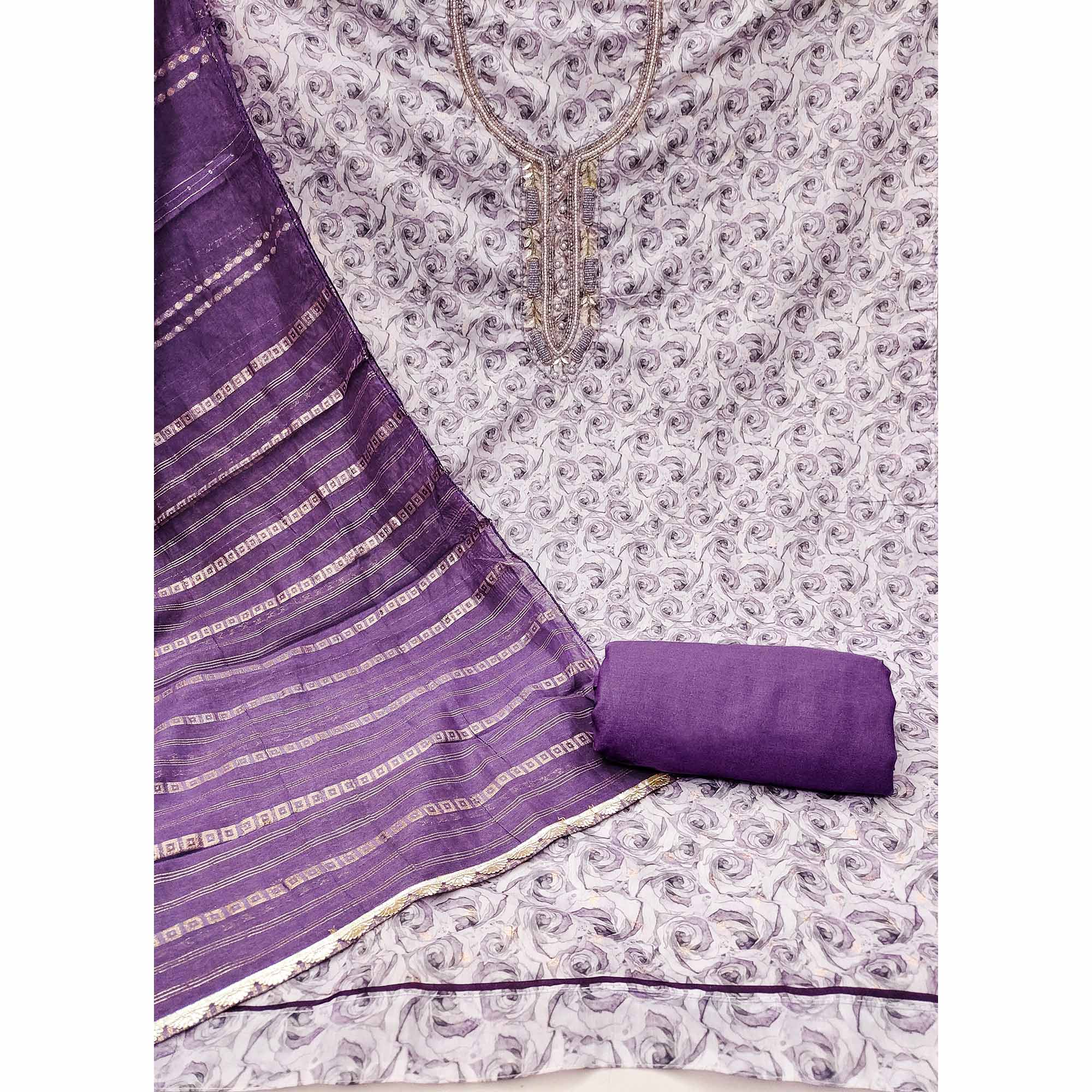 Purple Digital Printed With Hand Embroidered Muslin Dress Material