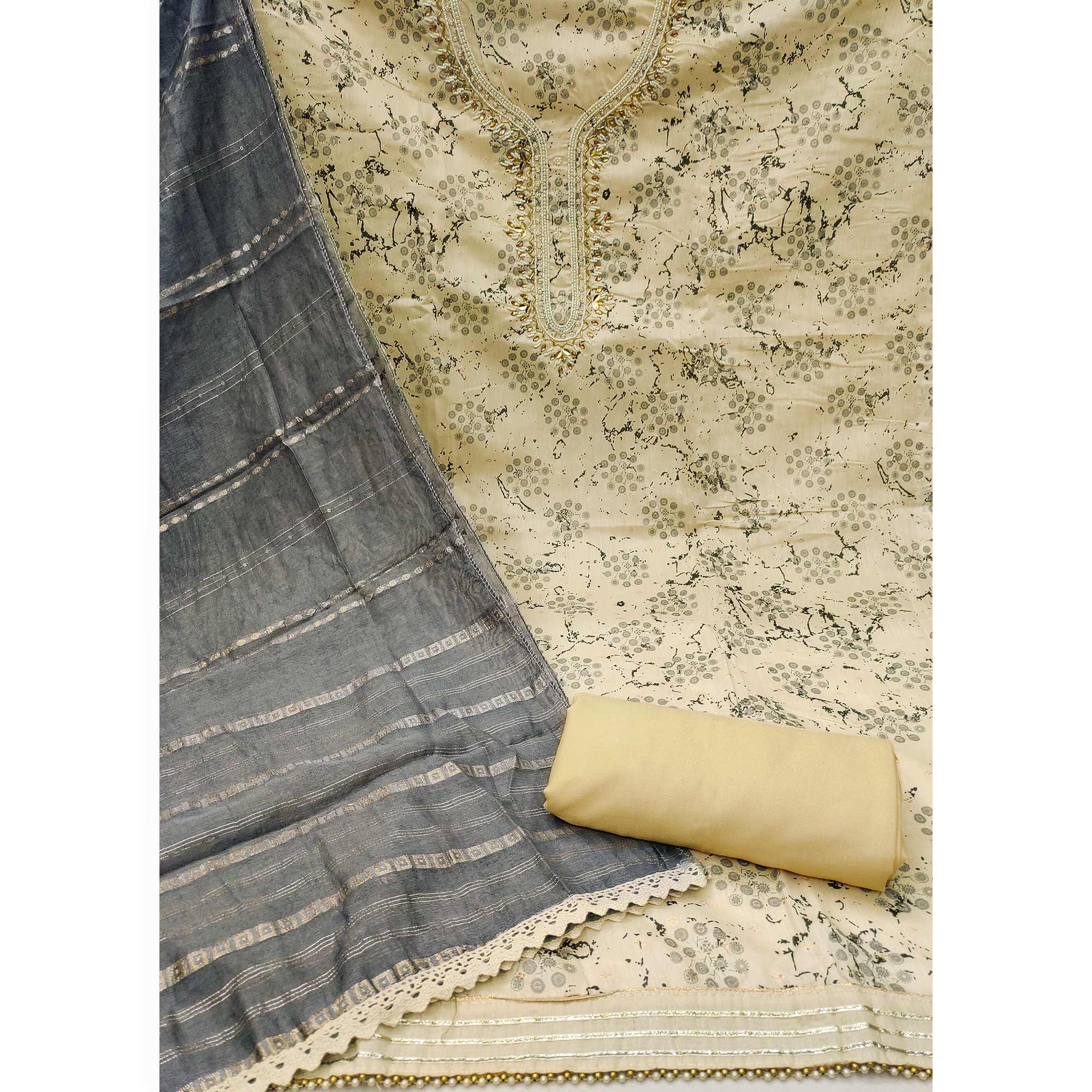 Cream & Dark Grey Digital Printed With Hand Embroidered Muslin Dress Material