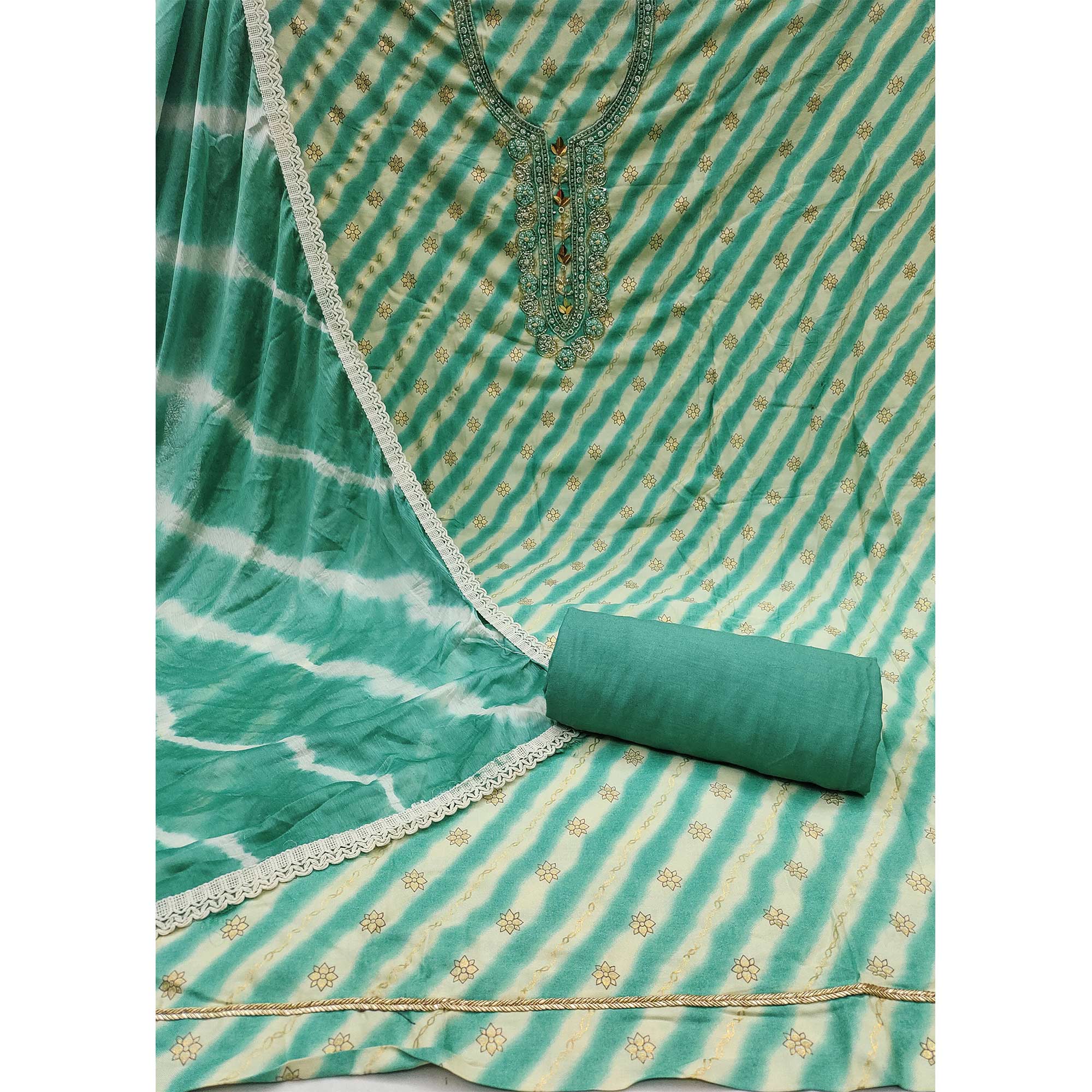 Green Printed With Hand Embroidered Pure Cotton Dress Material