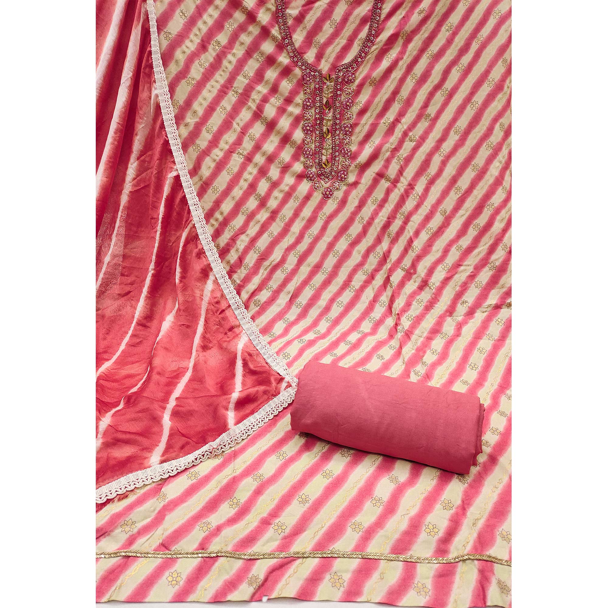 Pink Printed With Hand Embroidered Pure Cotton Dress Material
