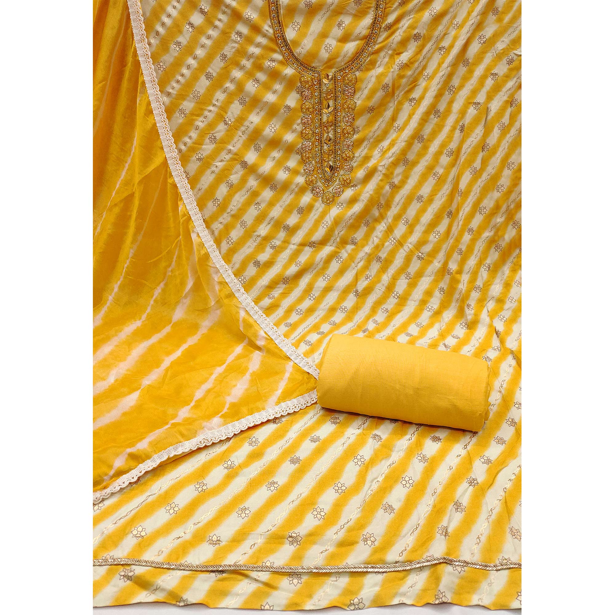 Yellow Printed With Hand Embroidered Pure Cotton Dress Material