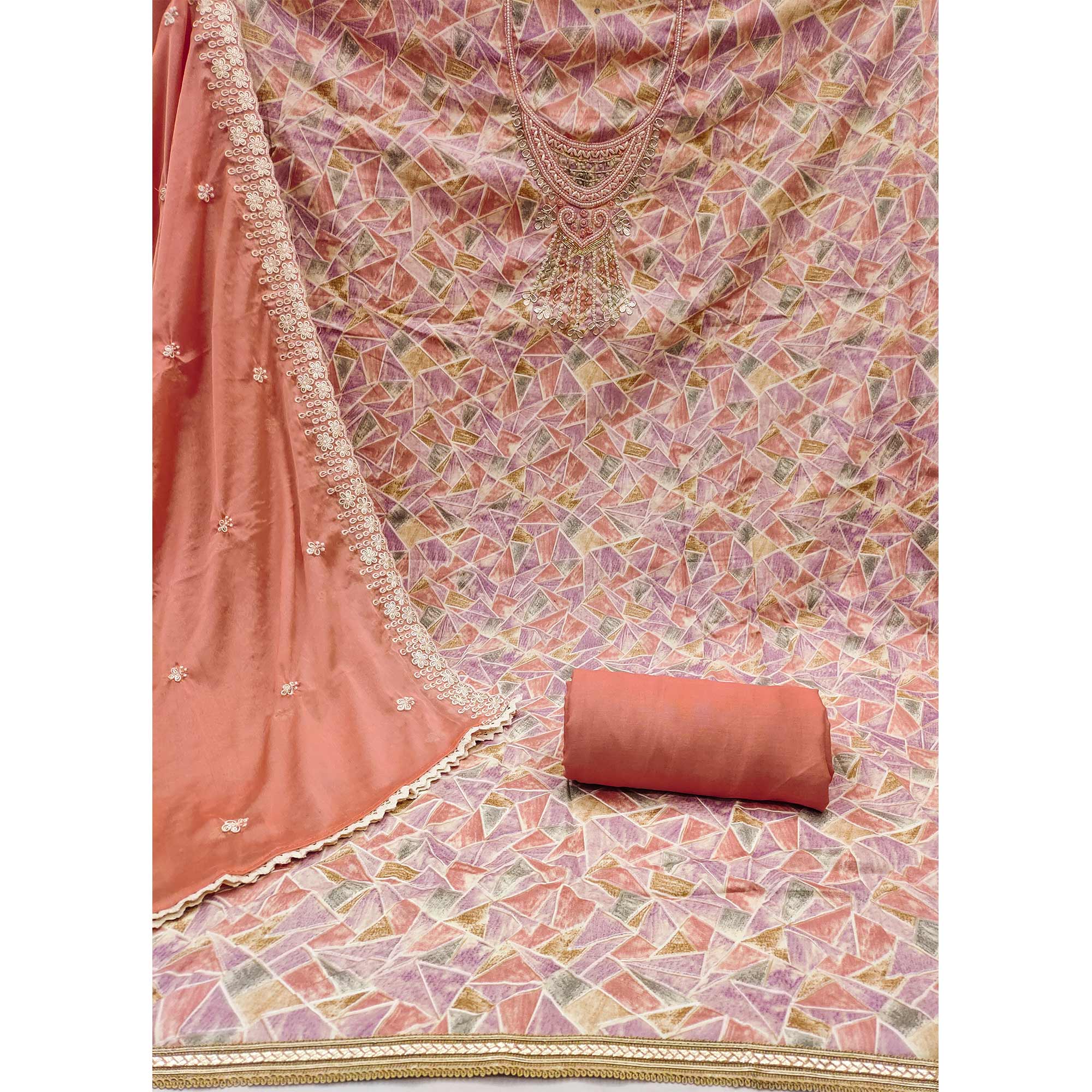 Peach Geometric Printed With Handwork Pure Cotton Dress Material