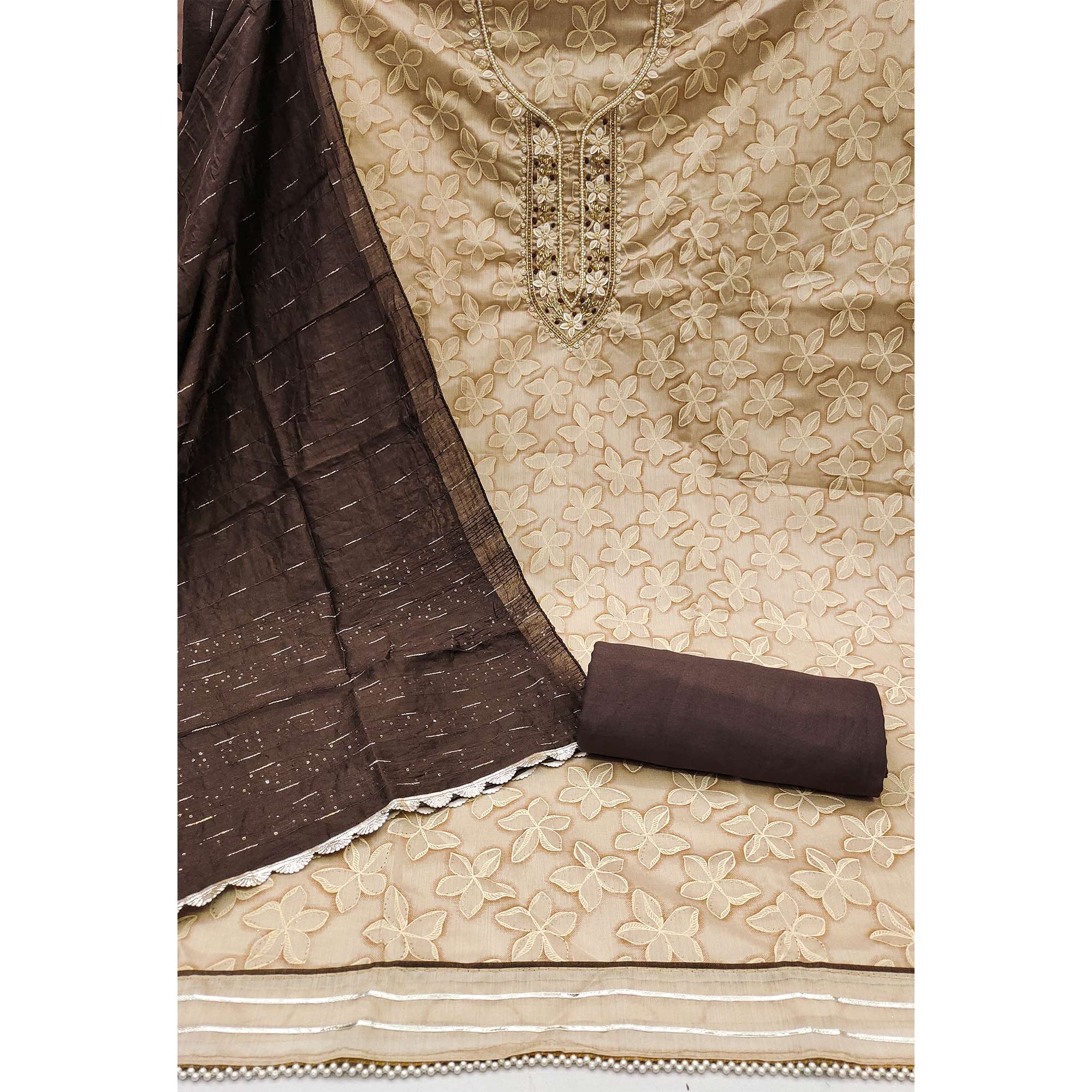 Beige Floral Printed With Hand Embroidery Chanderi Dress Material