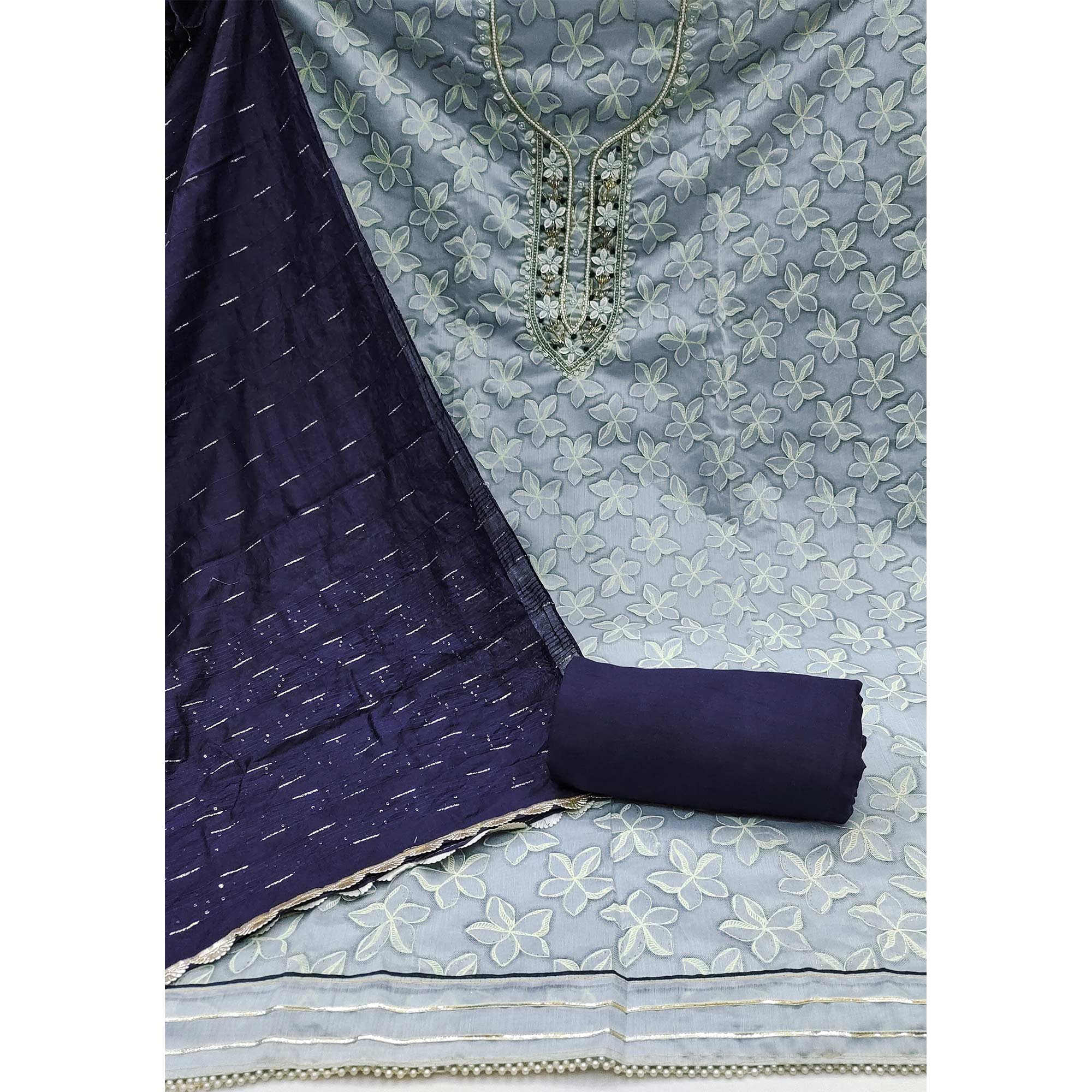 Blue Floral Printed With Hand Embroidery Chanderi Dress Material