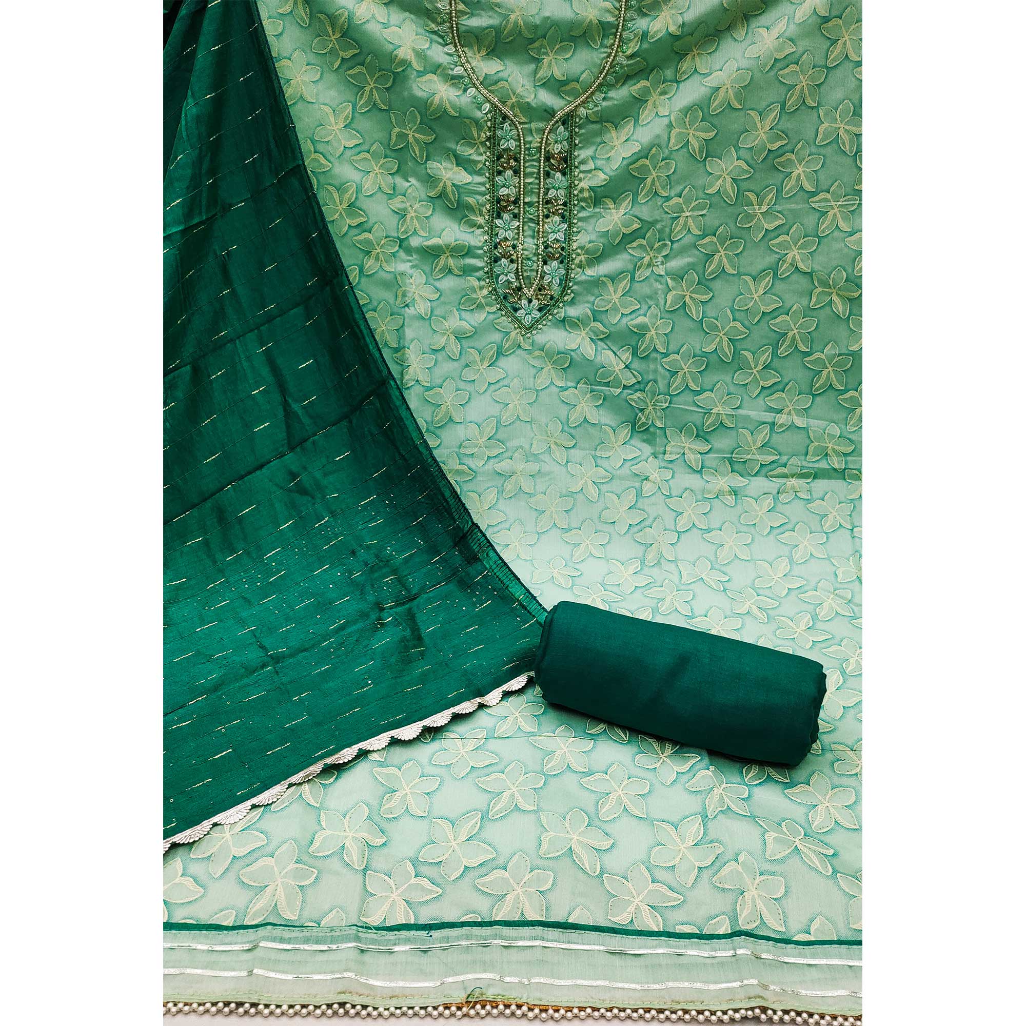 Green Floral Printed With Hand Embroidery Chanderi Dress Material