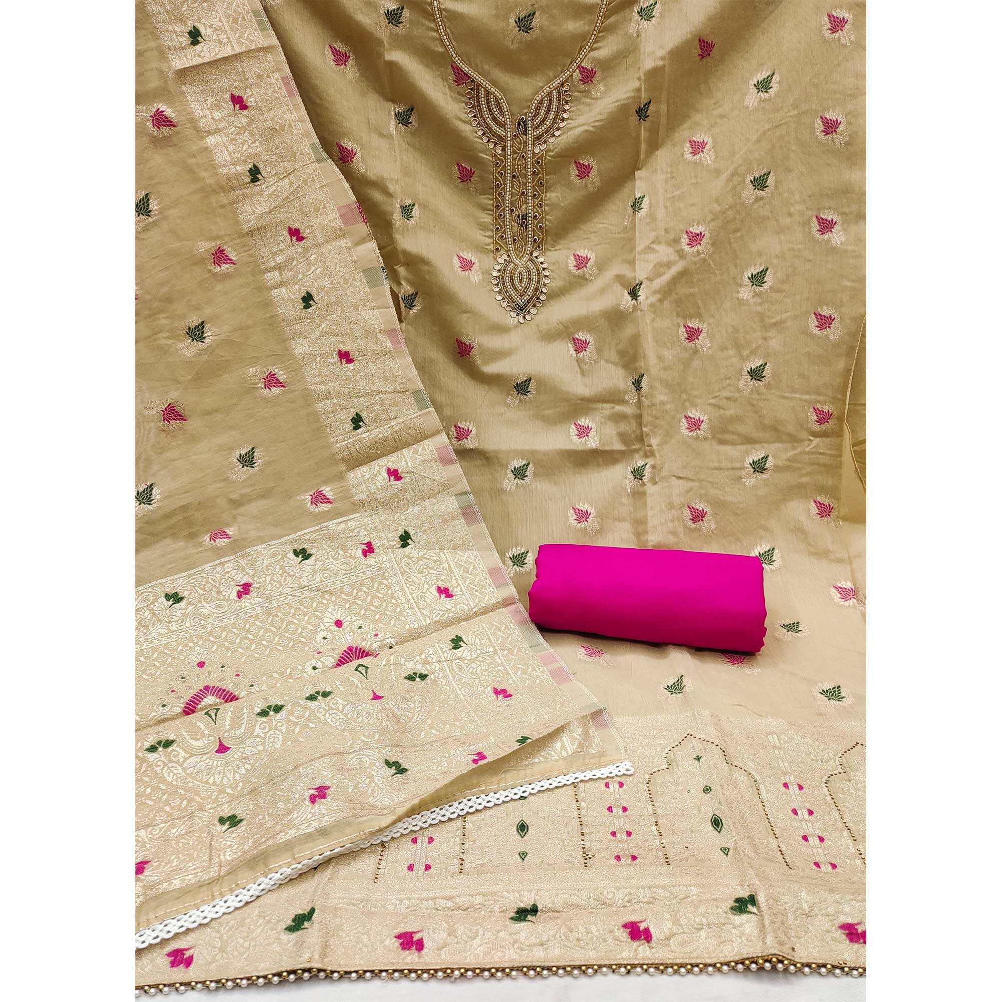 Chikoo Woven With Handwork Muslin Dress Material