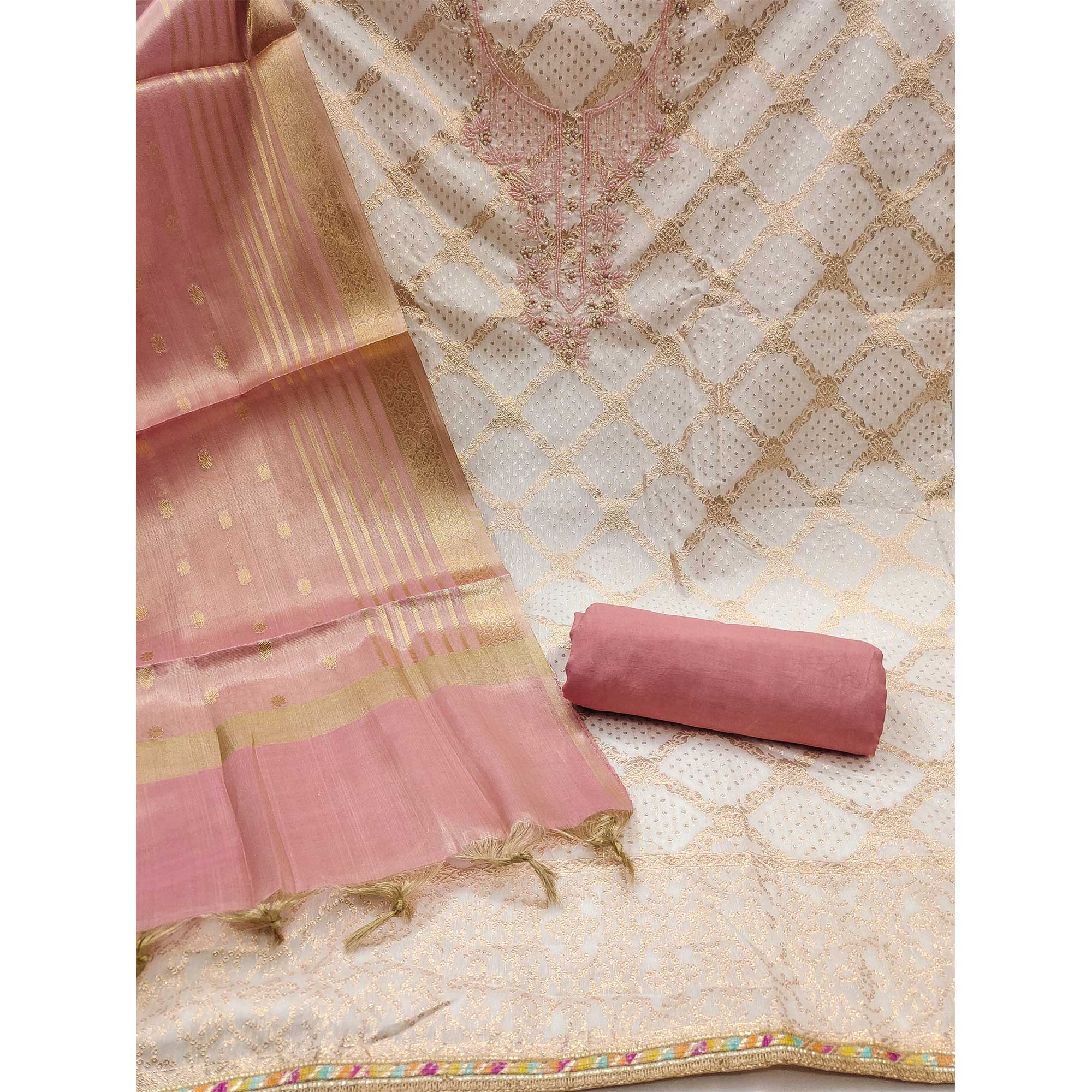 Off white & Pink Woven With Handwork Muslin Dress Material