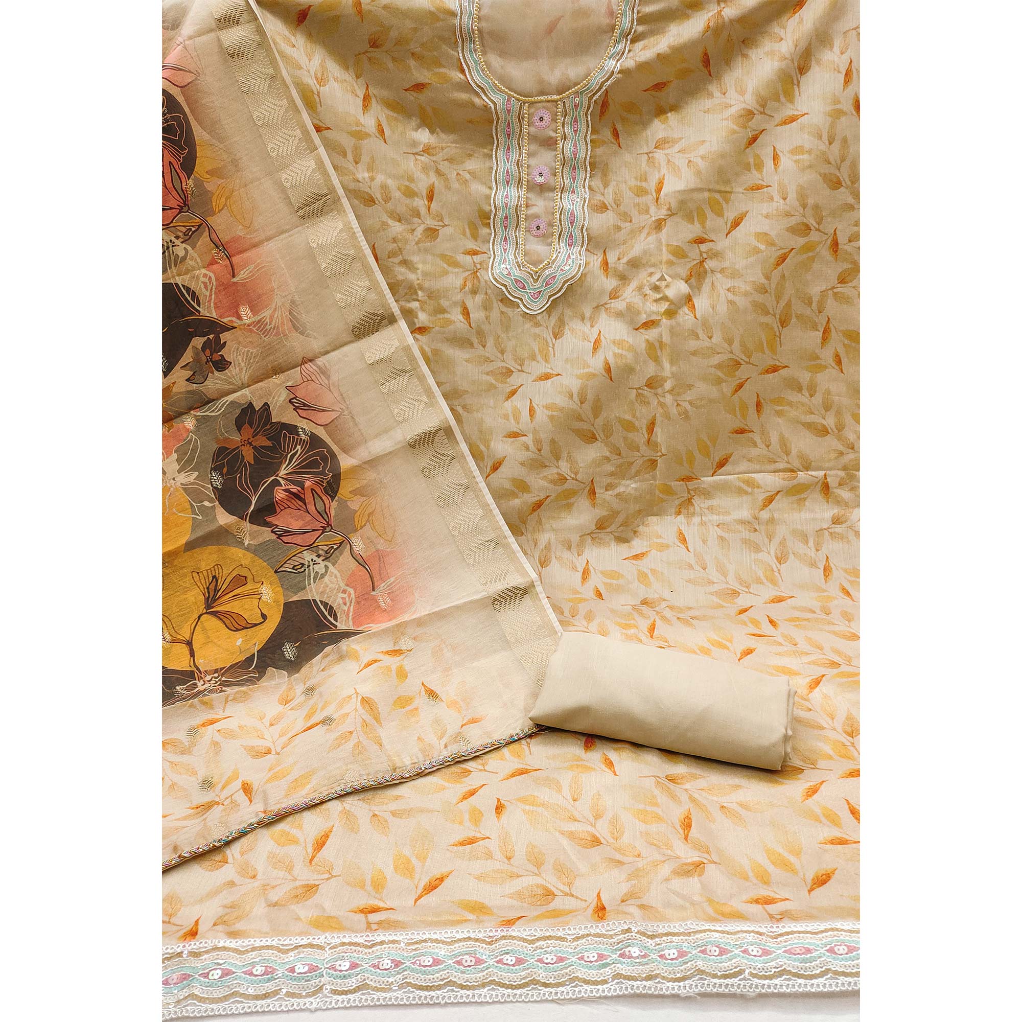 Chikoo Printed With Sequins Embroidered Chanderi Dress Material