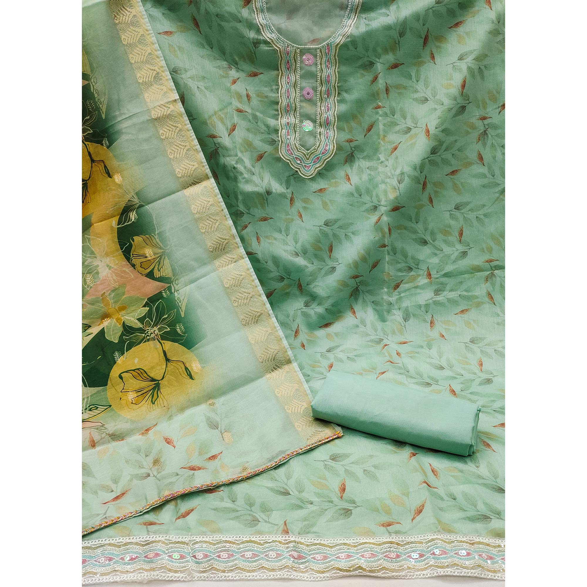 Sea Green Printed With Sequins Embroidered Chanderi Dress Material