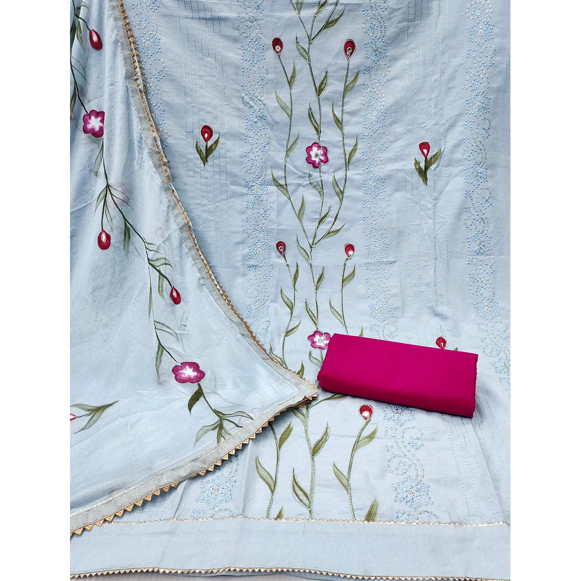 Bluish Grey Hand Embroidery With Printed Pure Cotton Dress Material