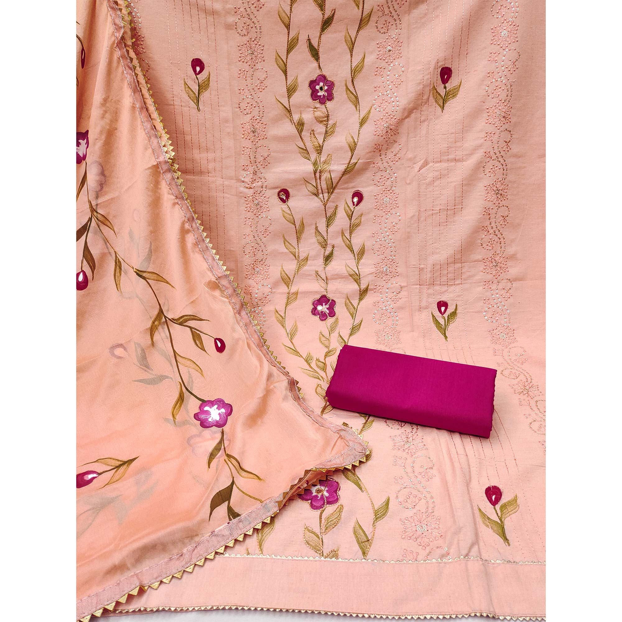 Peach Hand Embroidery With Printed Pure Cotton Dress Material