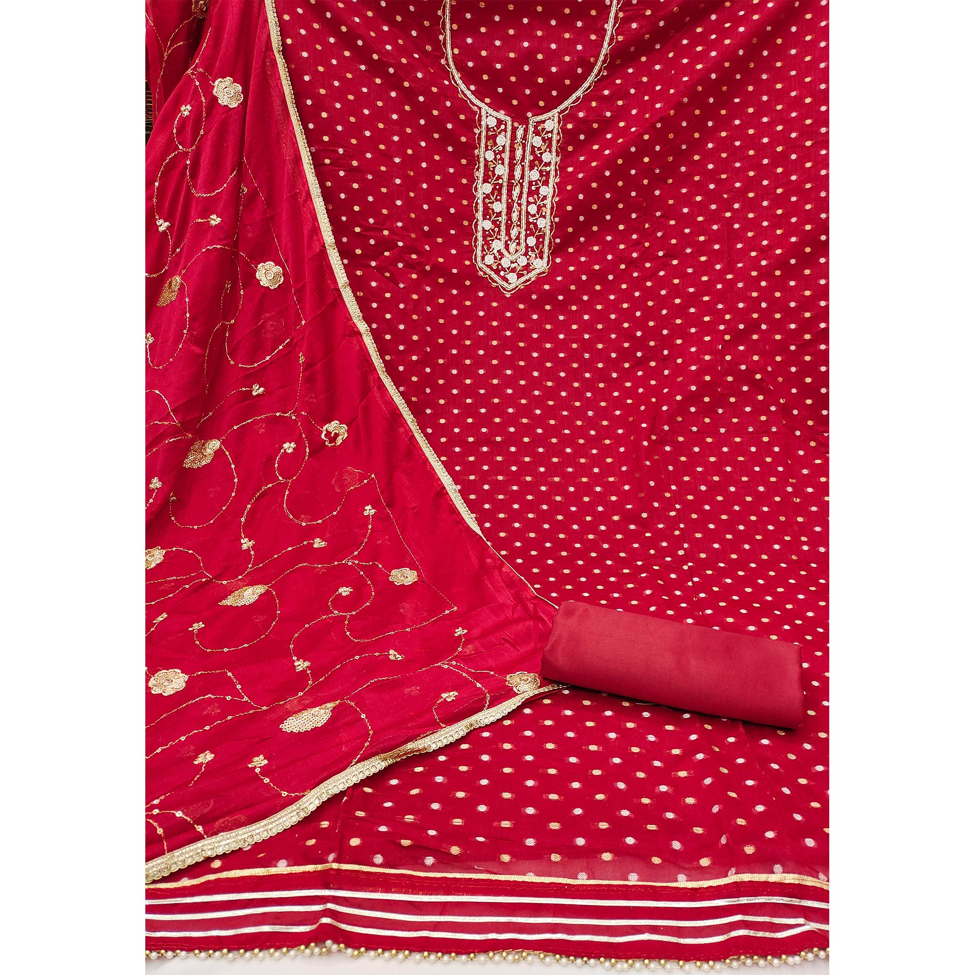 Red Woven With Hand Embroidery Chanderi Dress Material