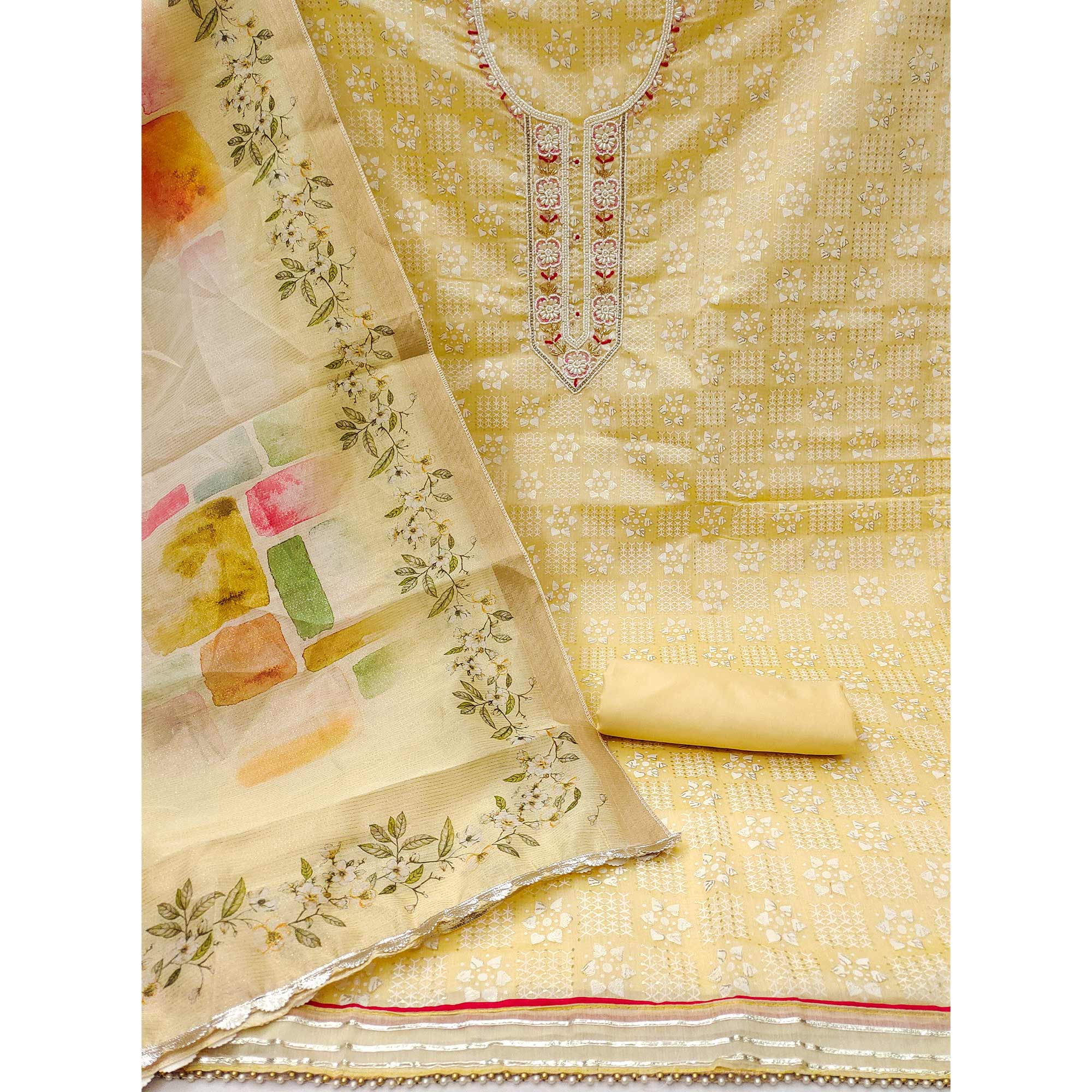 Yellow Floral Printed With Hand Embroidery Chanderi Dress Material