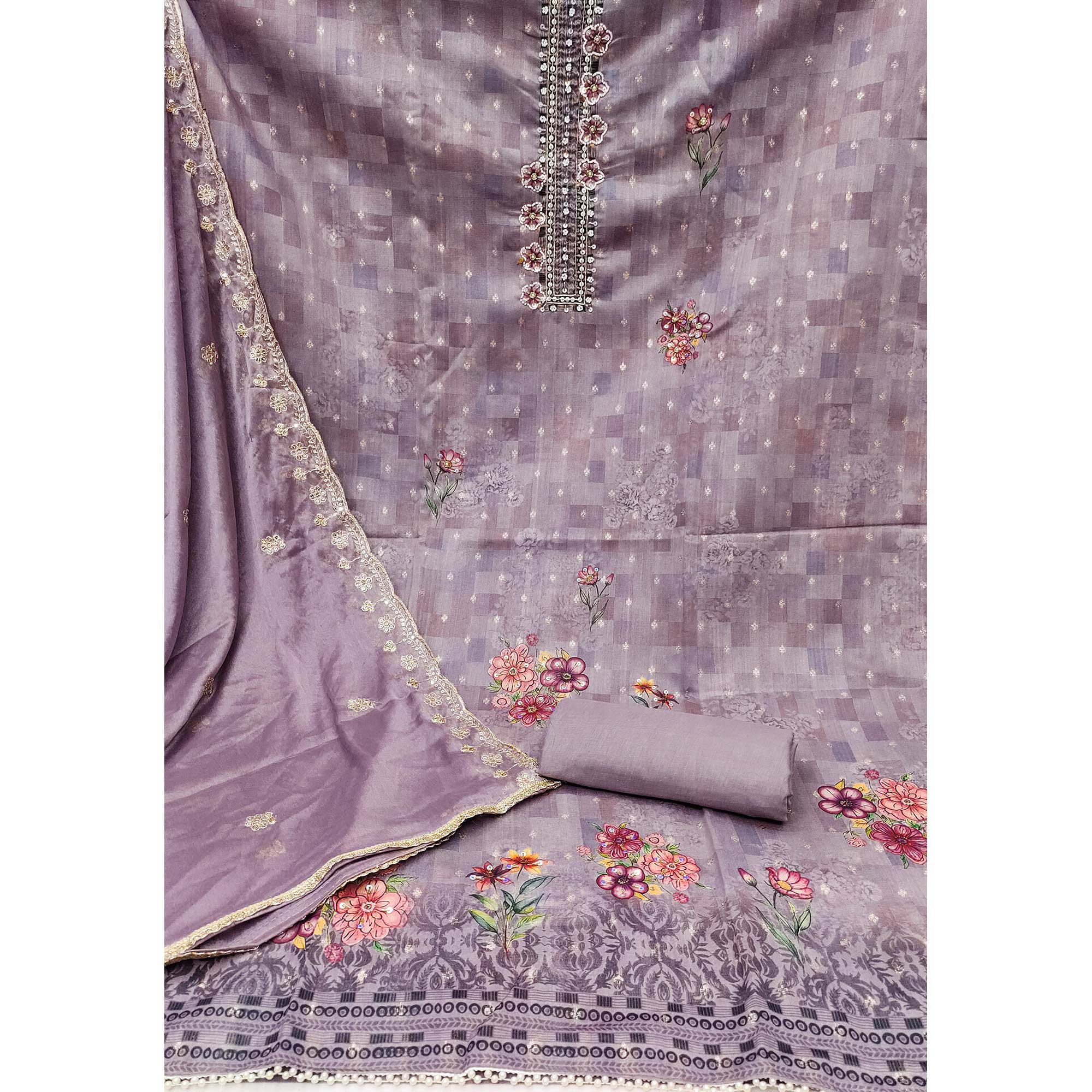 Purple Floral Digital Printed With Handwork Chanderi Dress Material