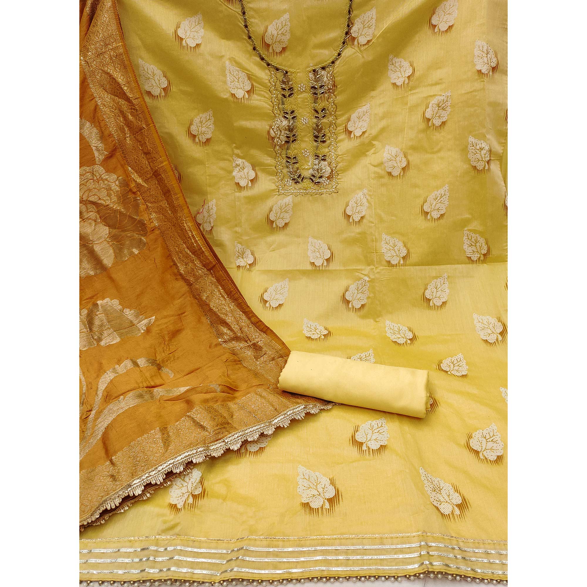 Yellow Printed With Hand Embroidery Chanderi Dress Material