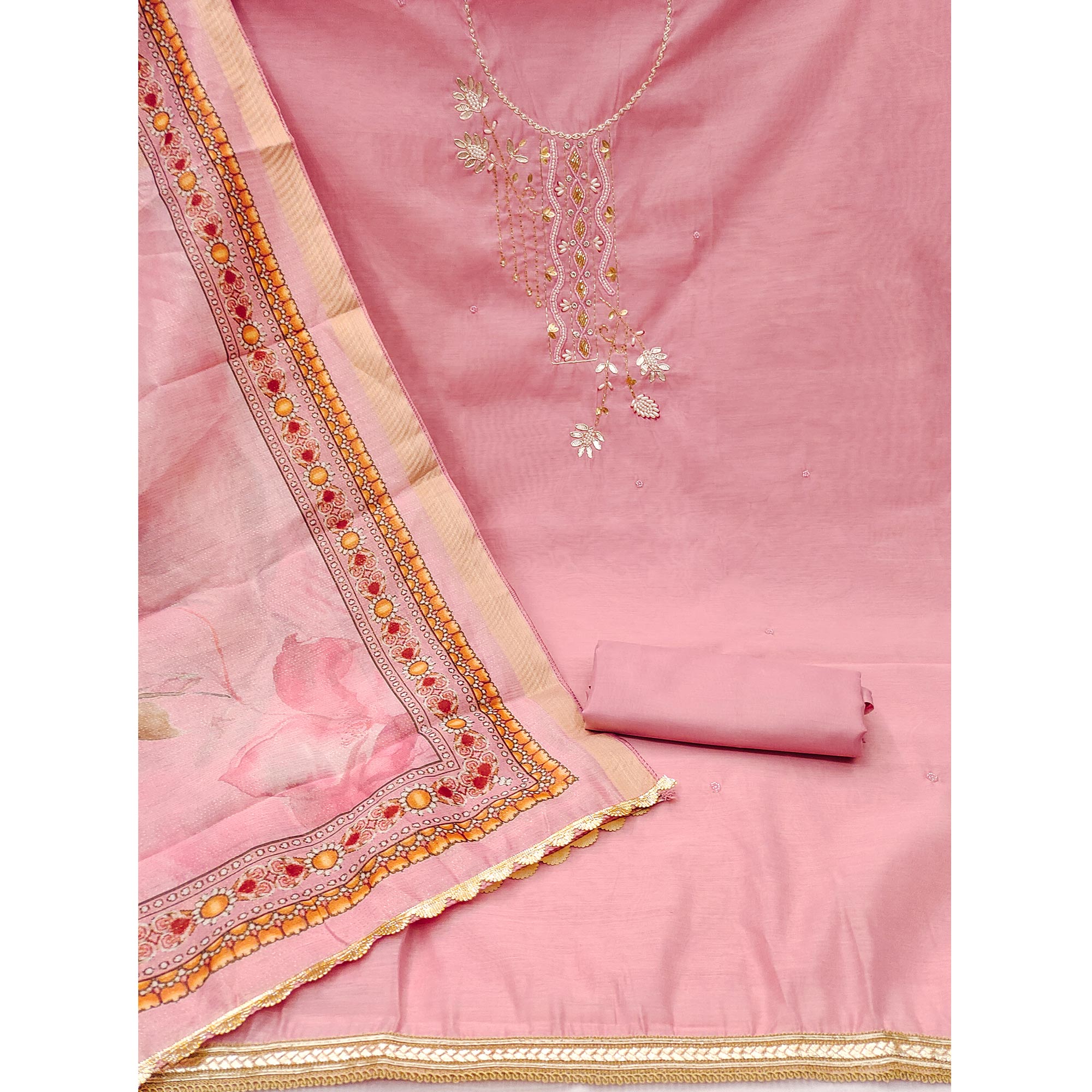 Pink Floral Hand Embroidery Chanderi Dress Material