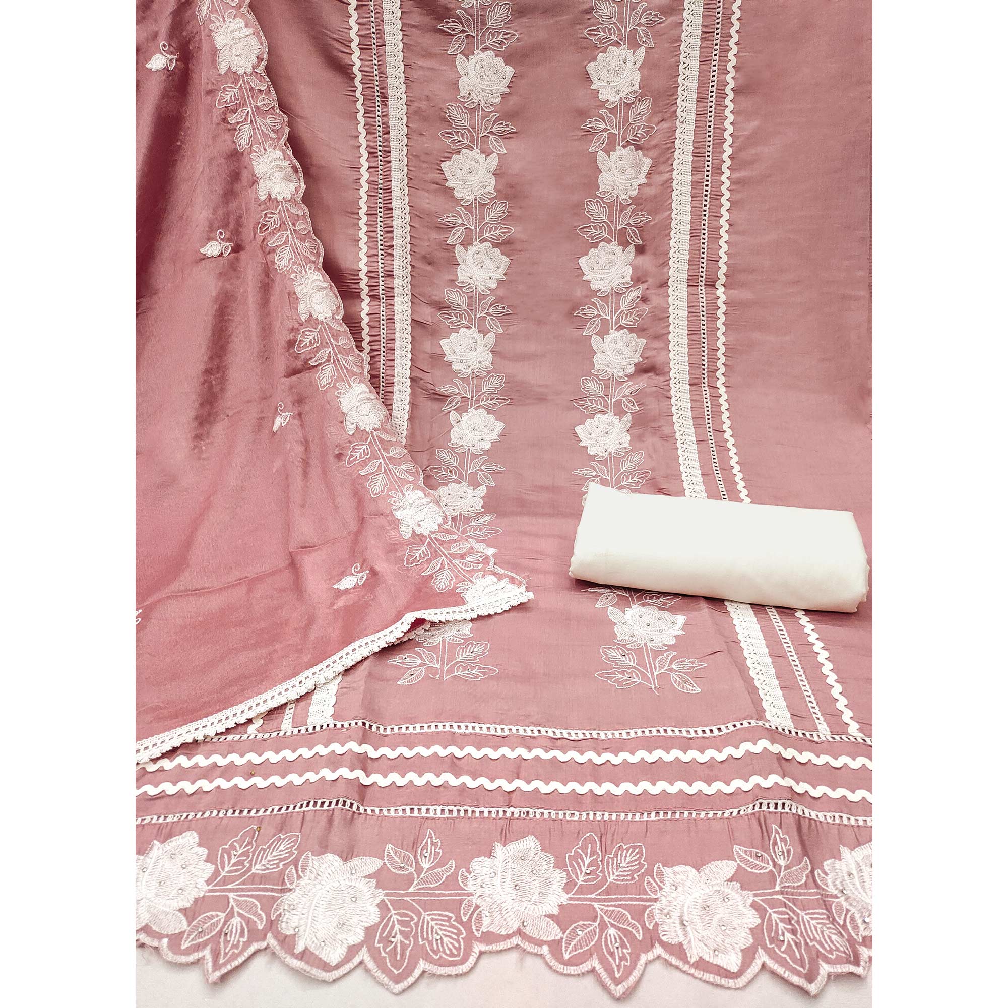 Peach Floral Stone Embroidered Cotton Silk Dress Material