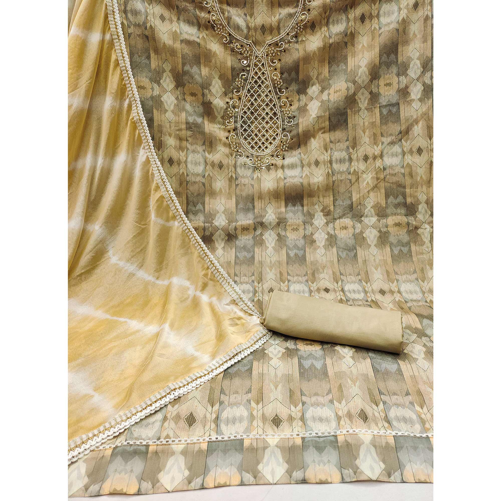 Cream Digital Printed With Hand Embroidery Chanderi Dress Material