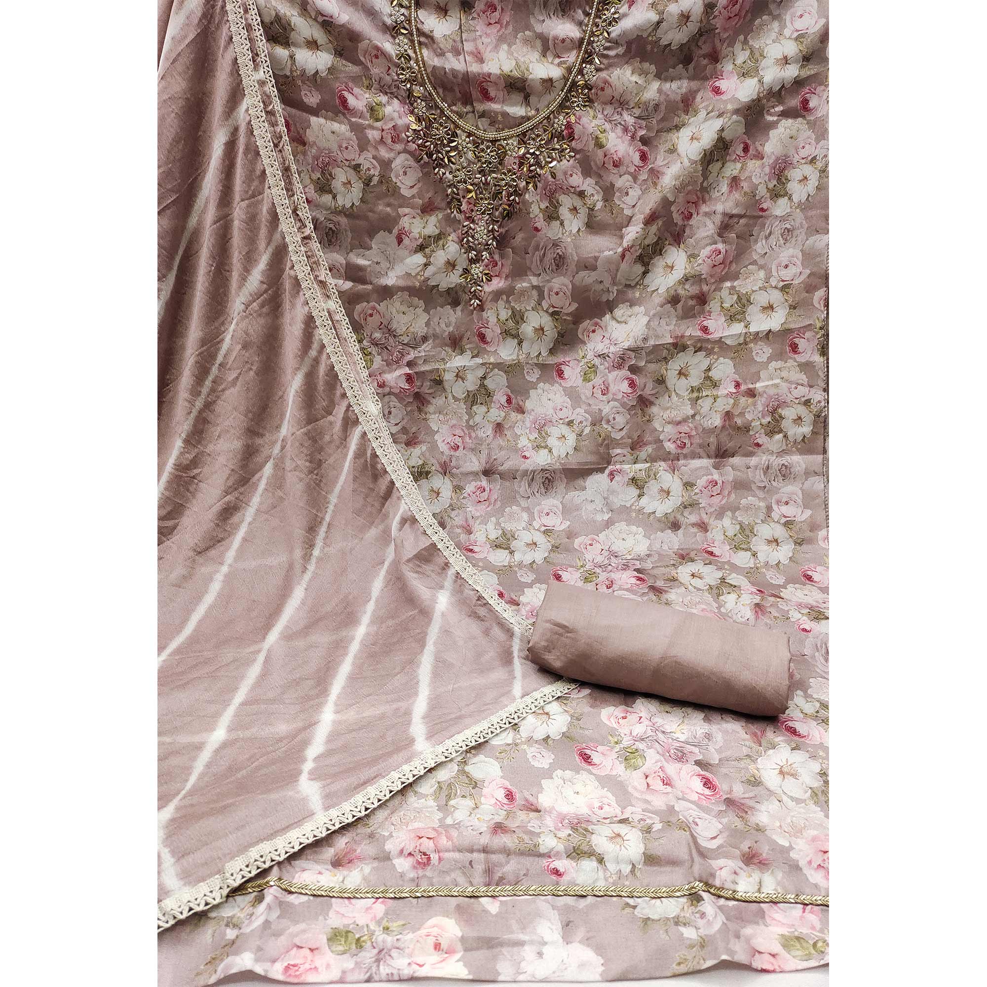 Dusty Peach Floral Digital Printed With Hand Embroidery Muslin Dress Material