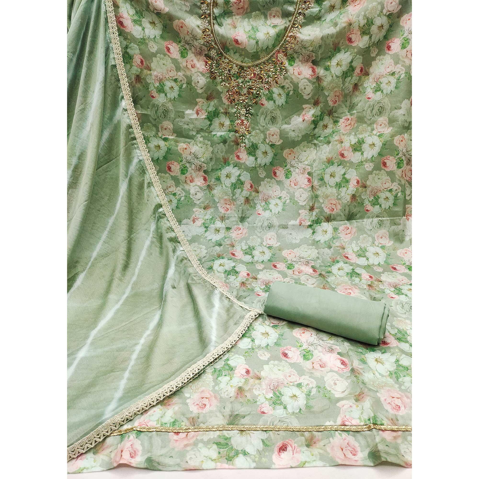 Green Floral Digital Printed With Hand Embroidery Muslin Dress Material