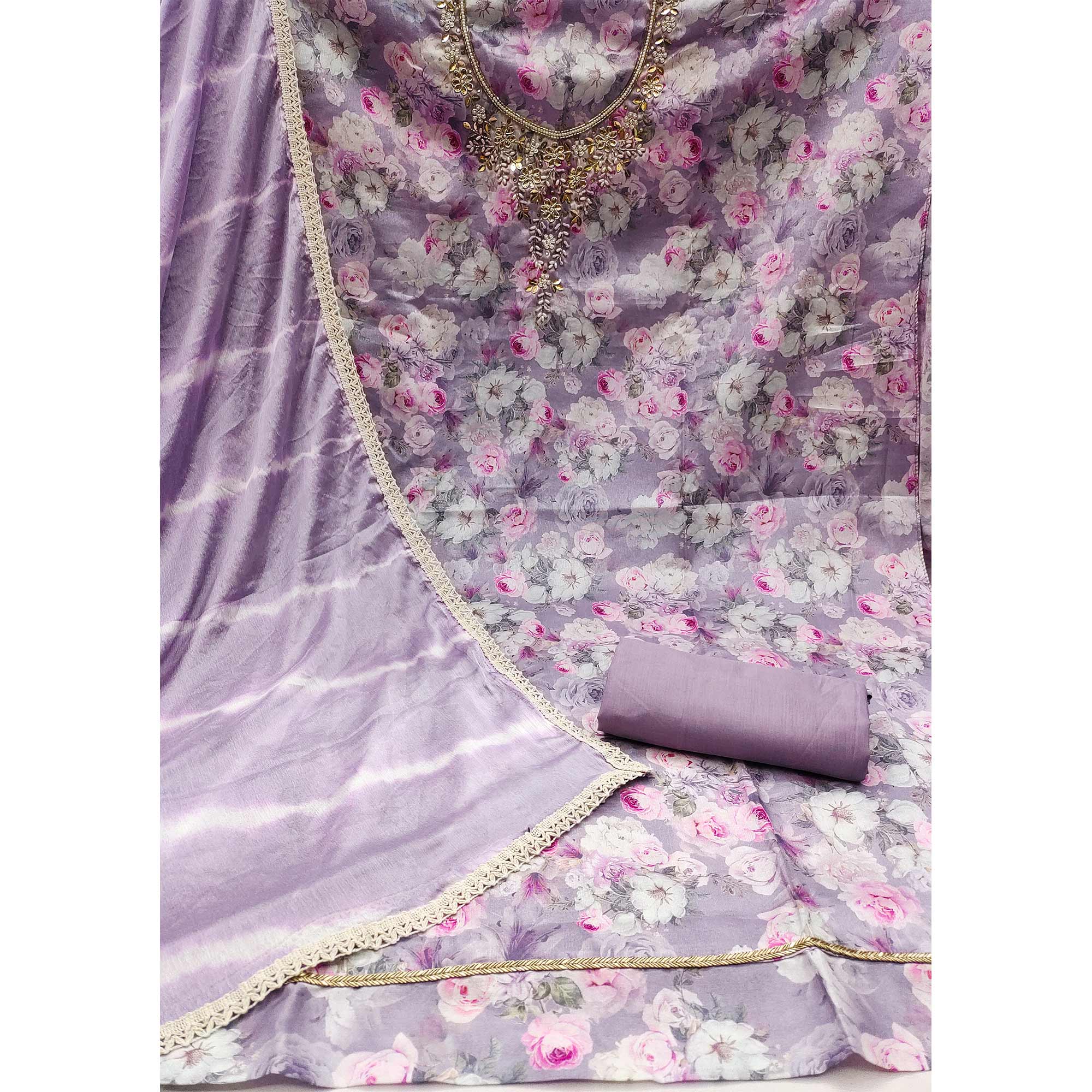 Lavender Floral Digital Printed With Hand Embroidery Muslin Dress Material