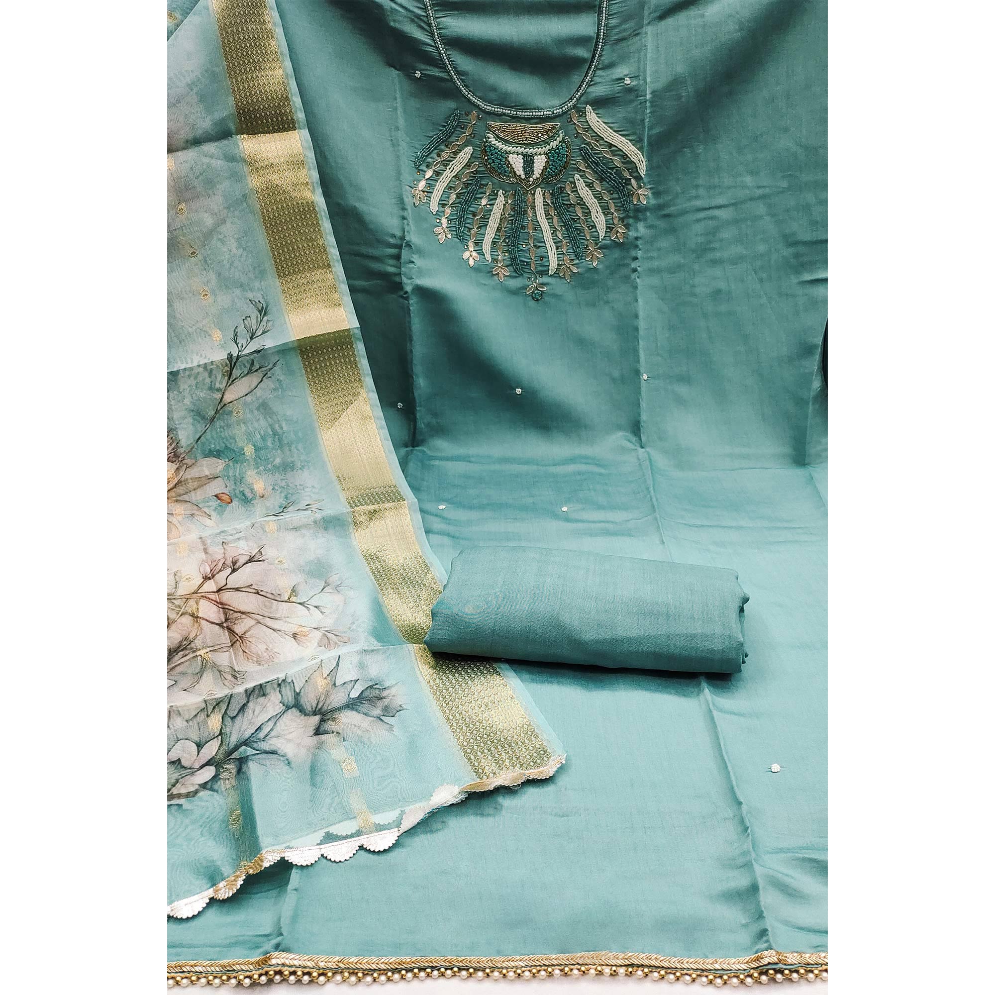 Blue Hand Embroidered Cotton Silk Dress Material