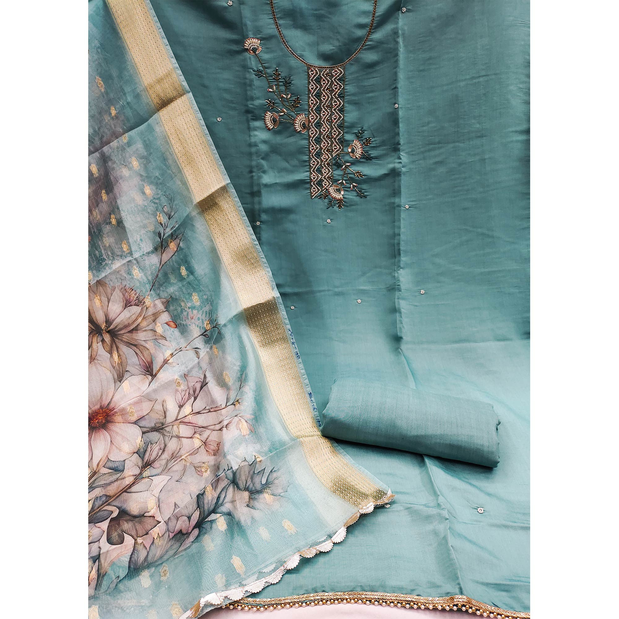 Blue Floral Hand Embroidered Cotton Silk Dress Material