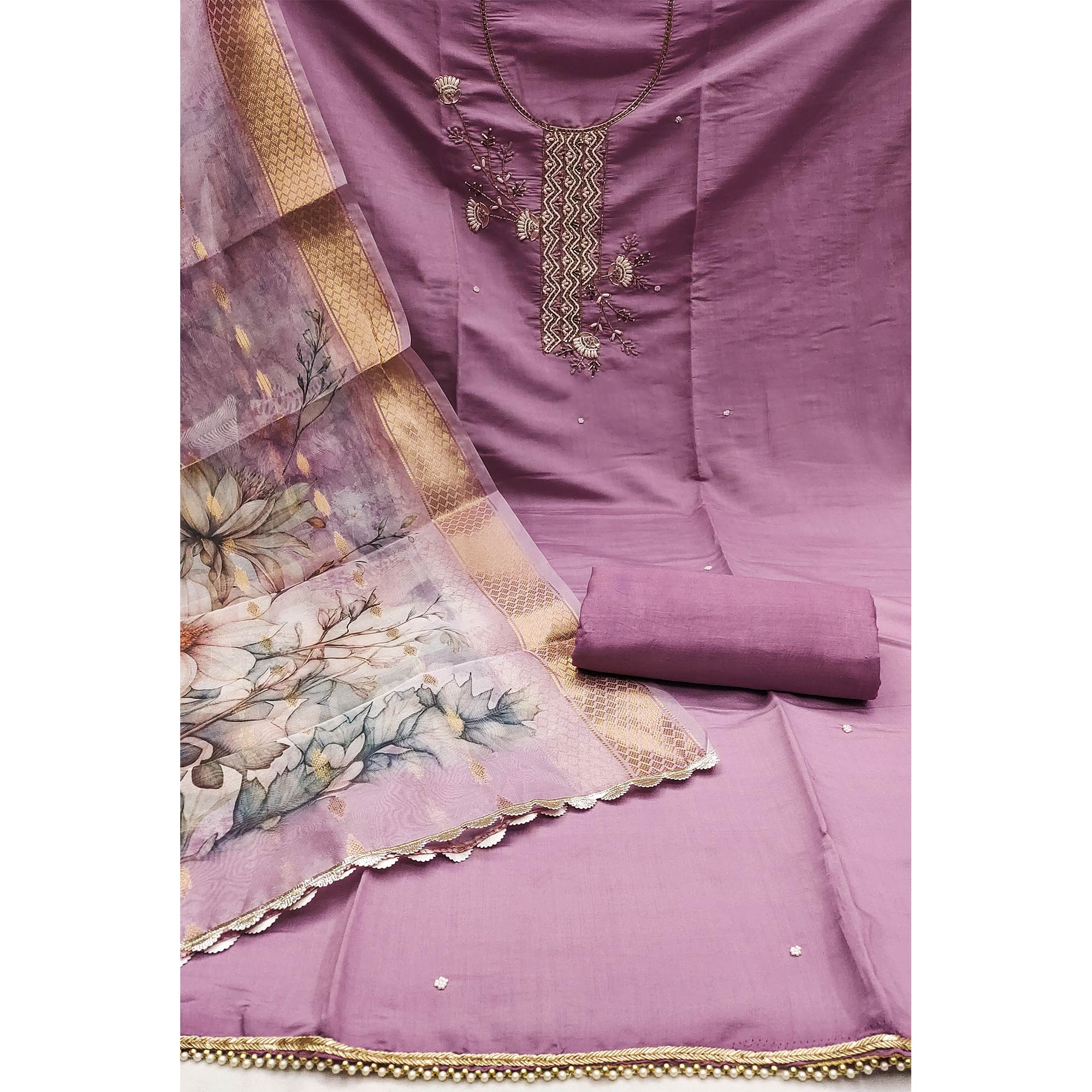 Purple Floral Hand Embroidered Cotton Silk Dress Material