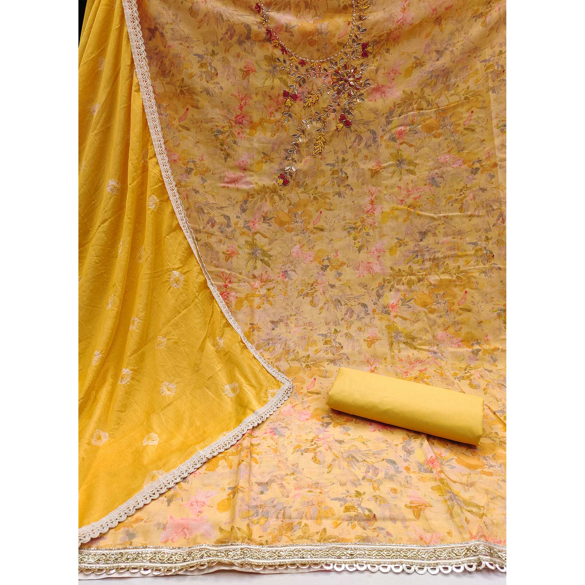 Yellow Printed With Hand Embroidery Pure Cotton Dress Material