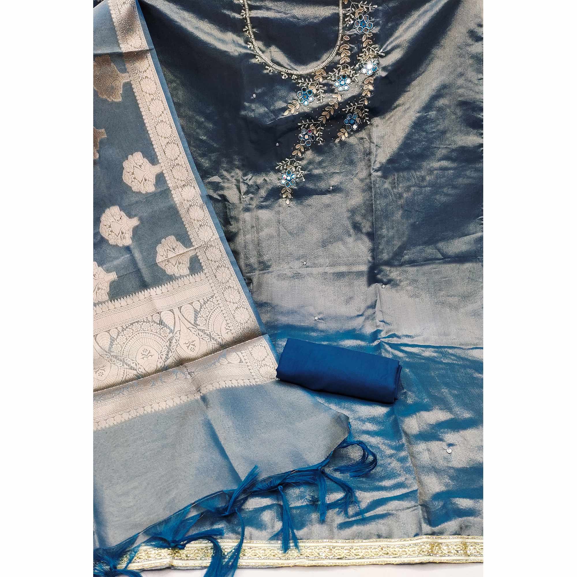 Blue Floral Hand Embroidered Viscose Dress Material