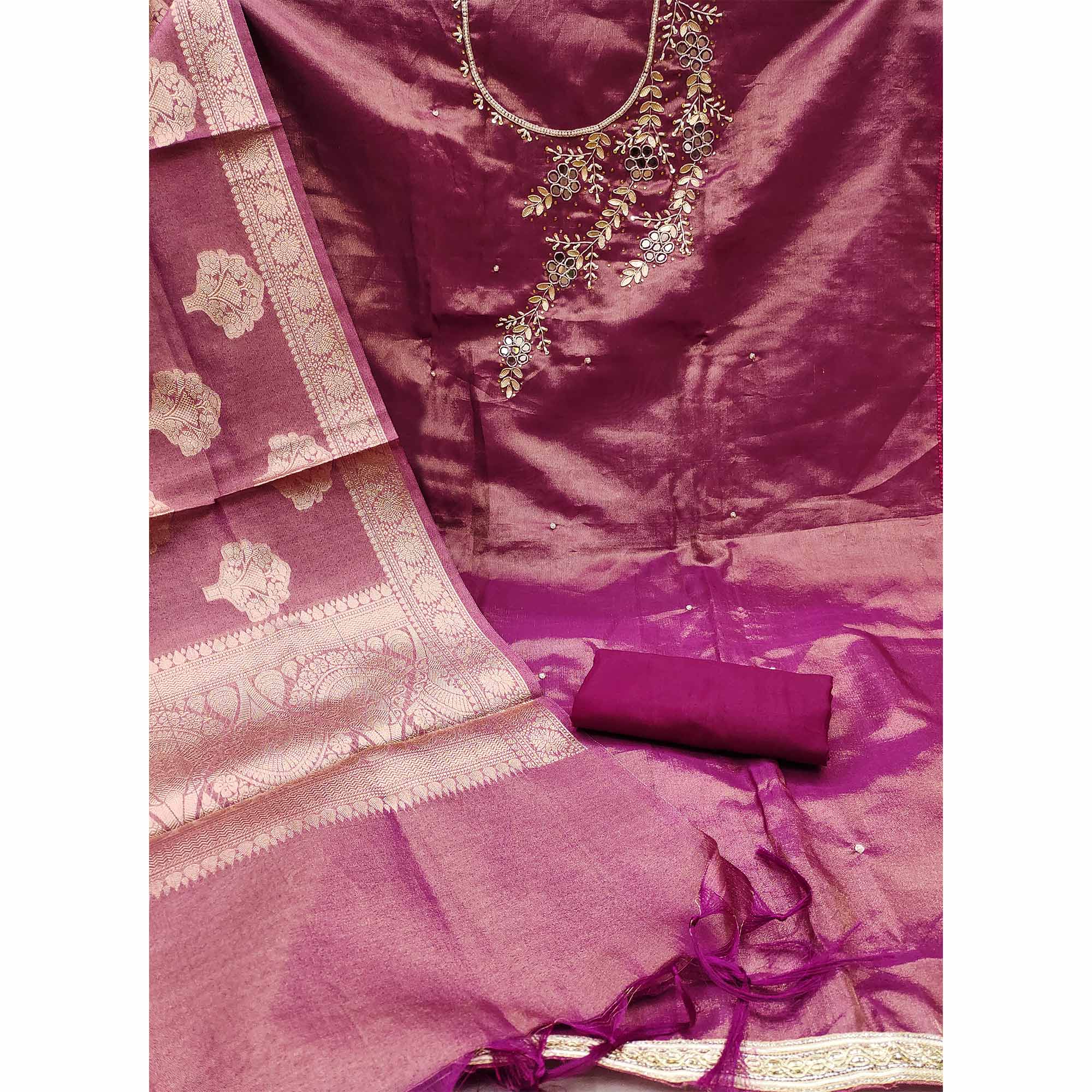 Purple Floral Hand Embroidered Viscose Dress Material