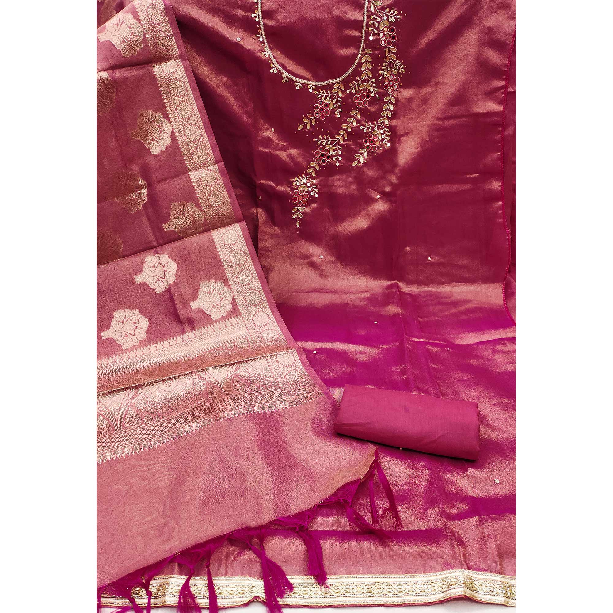 Rani Pink Floral Hand Embroidered Viscose Dress Material