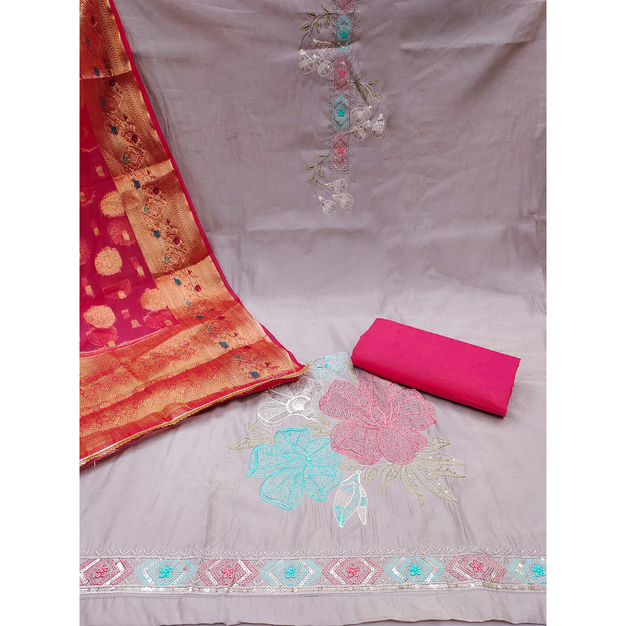 Light Purple Floral Embroidered Cotton Silk Dress Material