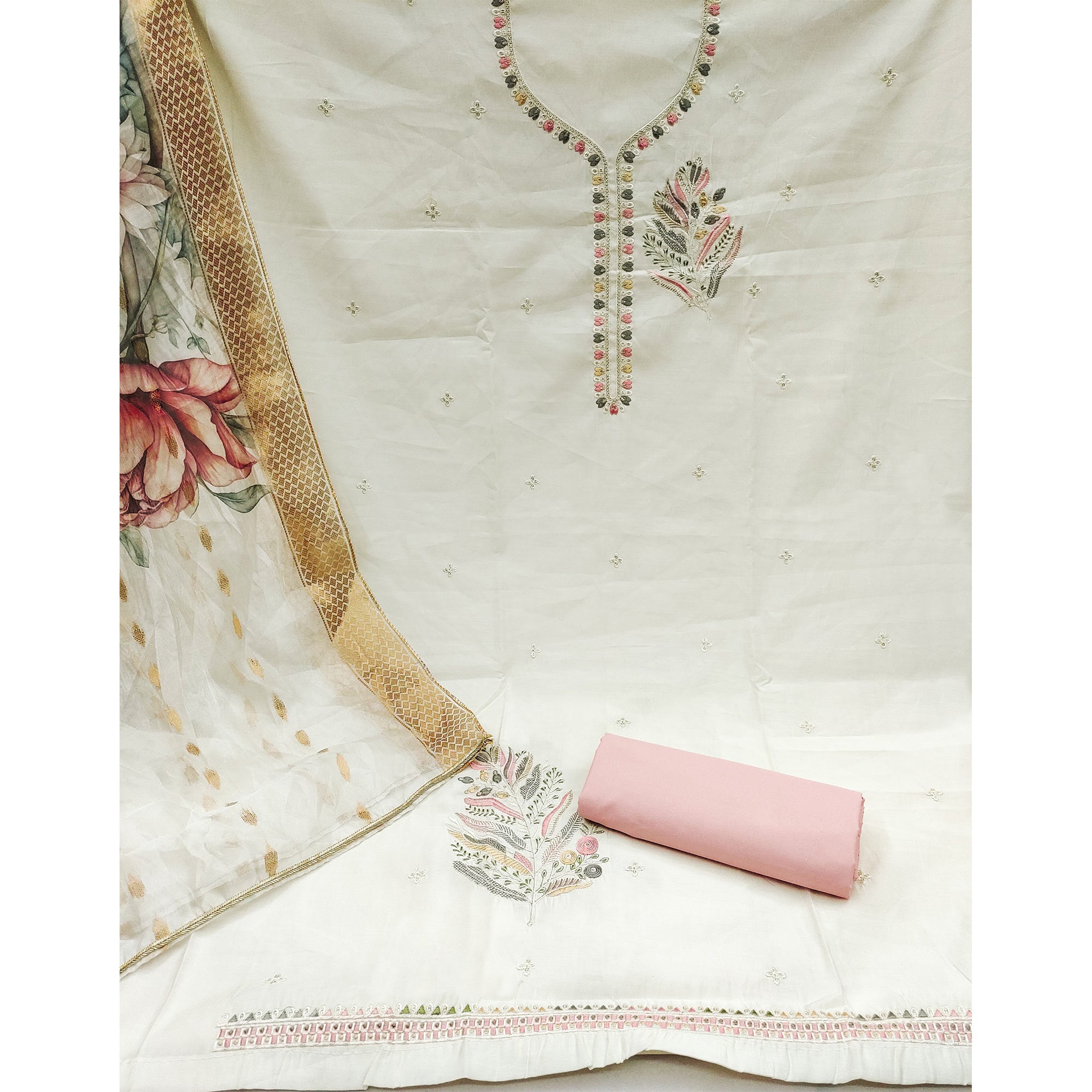 Offwhite Floral Embroidered Cotton Silk Dress Material