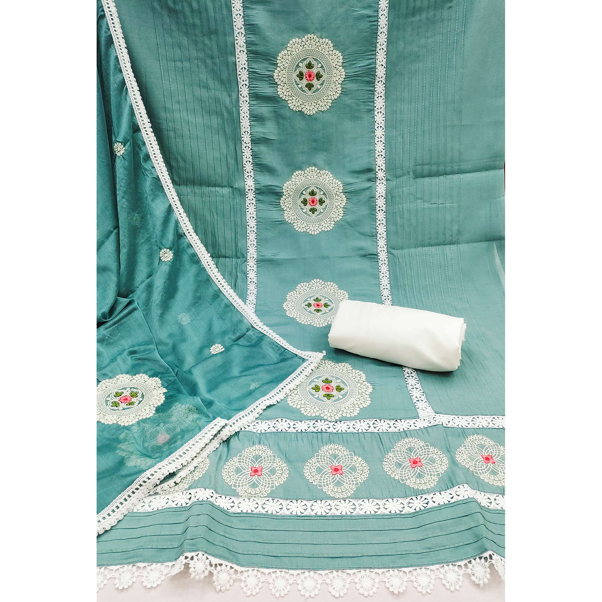 Rama Blue Floral Embroidered Cotton Silk Dress Material
