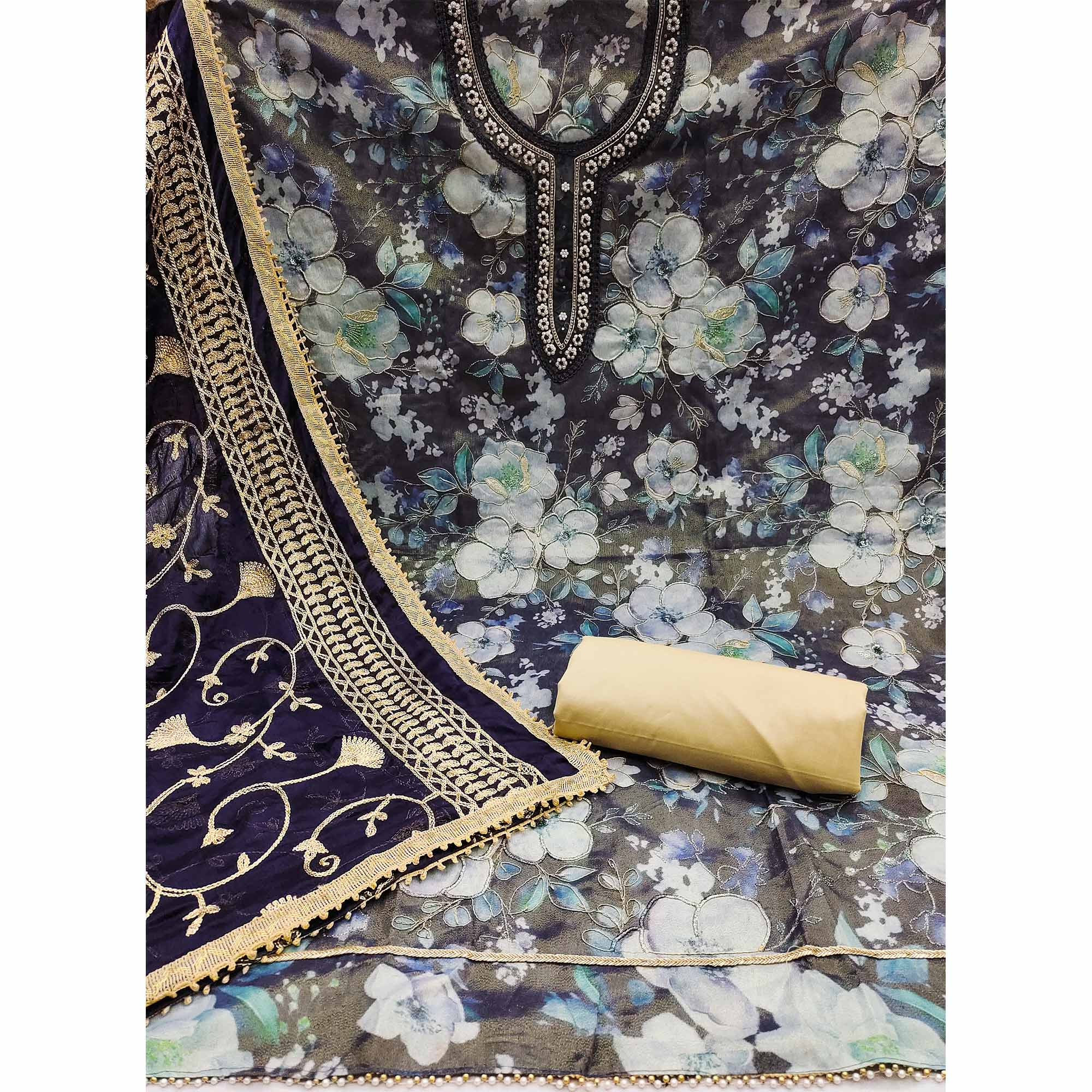 Blue Floral Printed With Hand Embroidered Viscose Dress Material