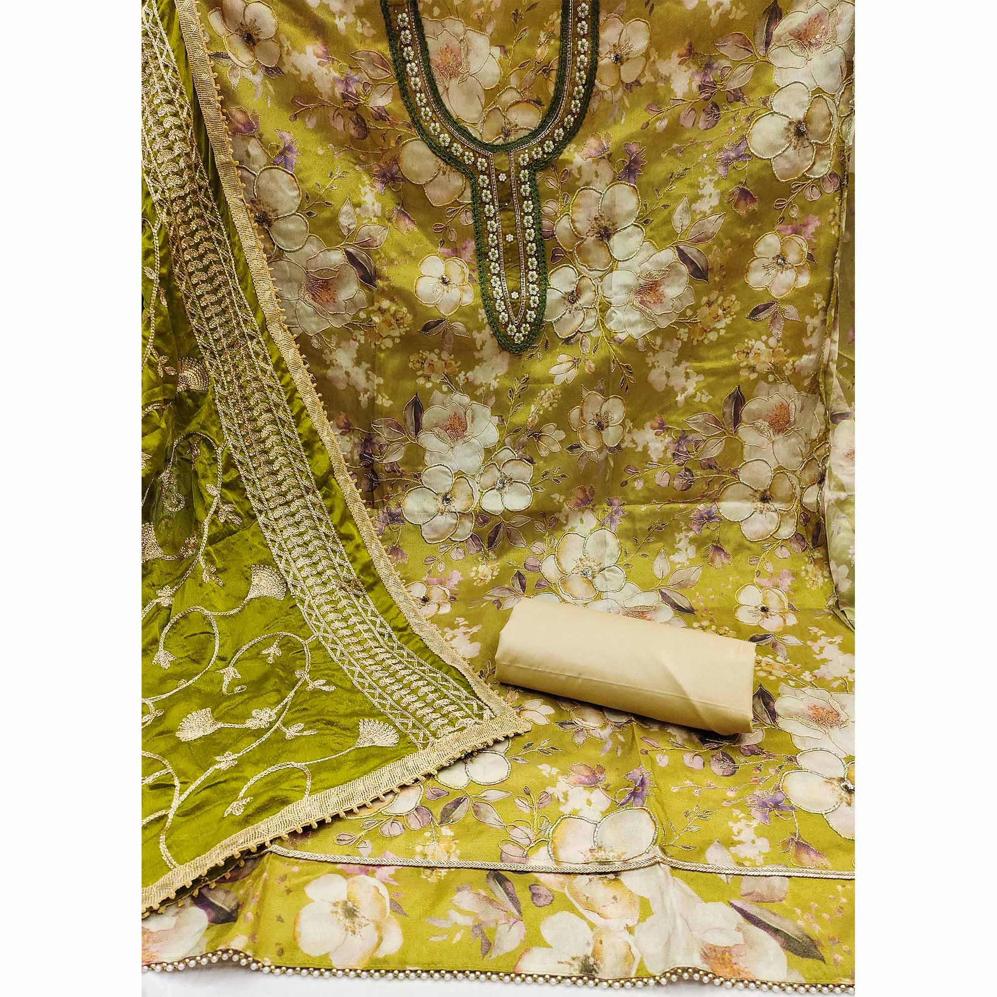 Green Floral Printed With Hand Embroidered Viscose Dress Material