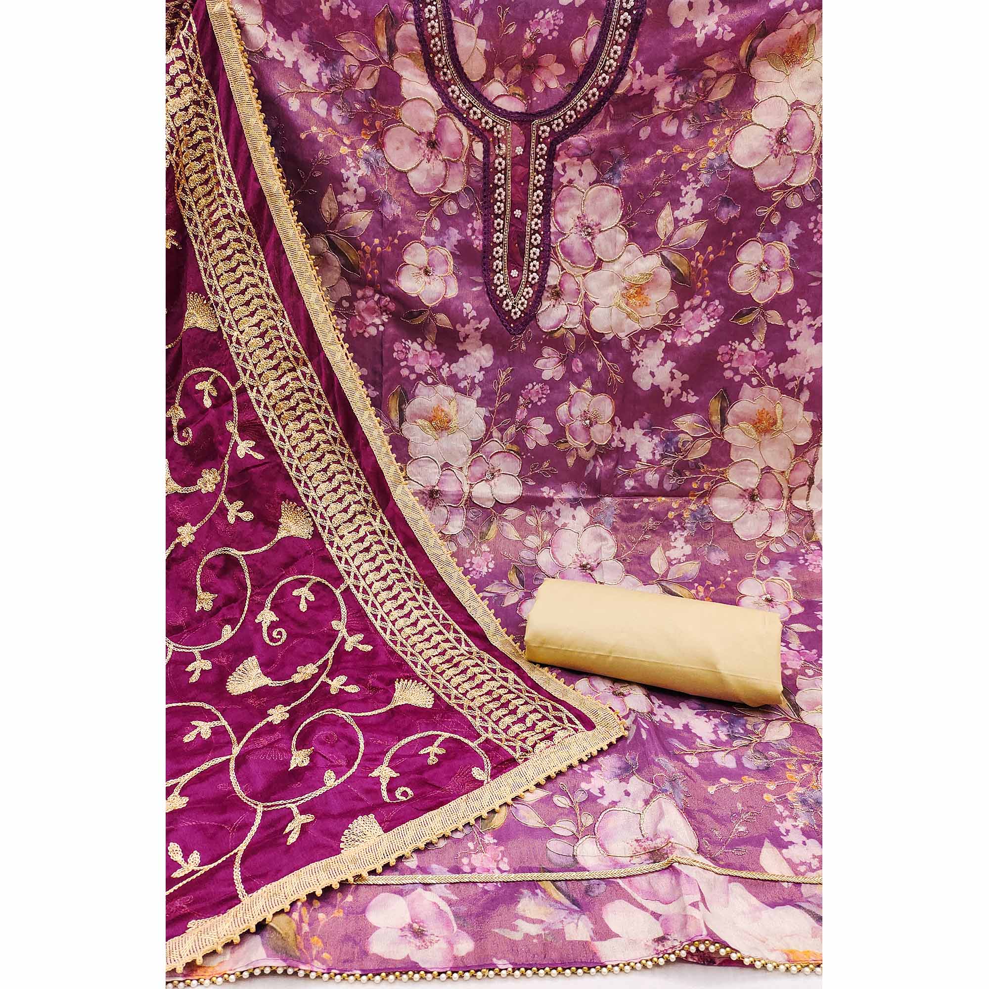 Purple Floral Printed With Hand Embroidered Viscose Dress Material