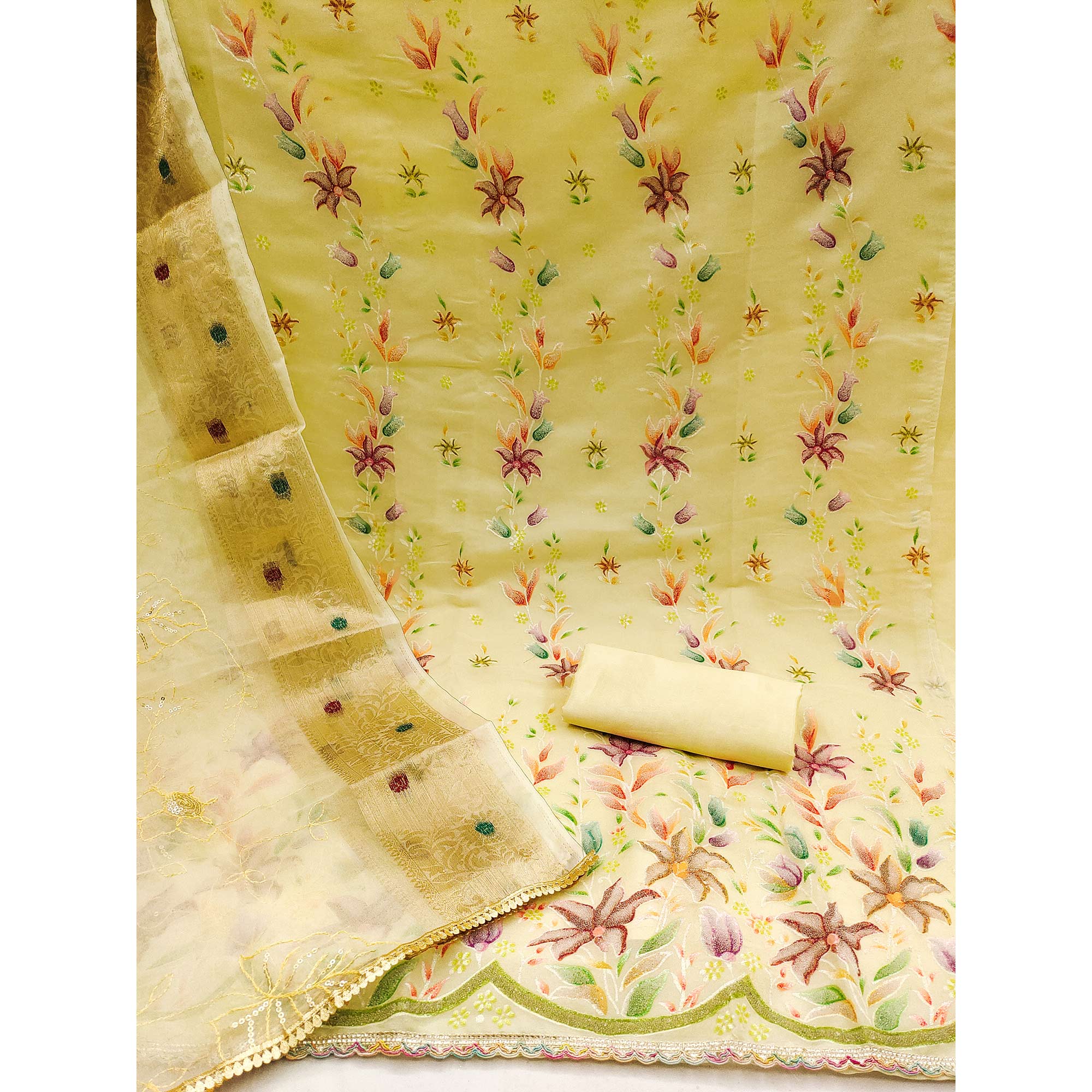 Yellow Floral Hand Embroidered Organza Dress Material