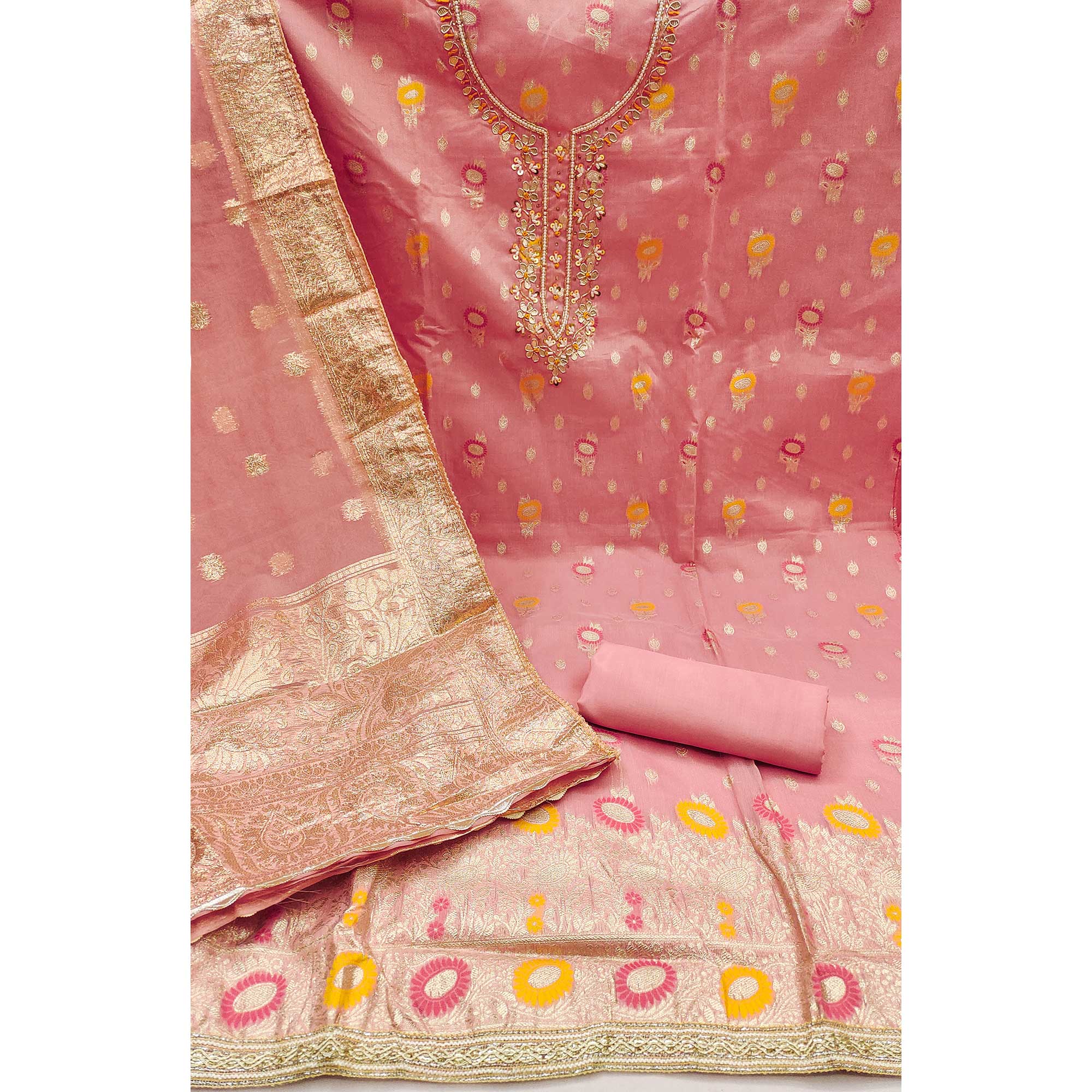 Pink Woven With Handwork Organza Dress Material