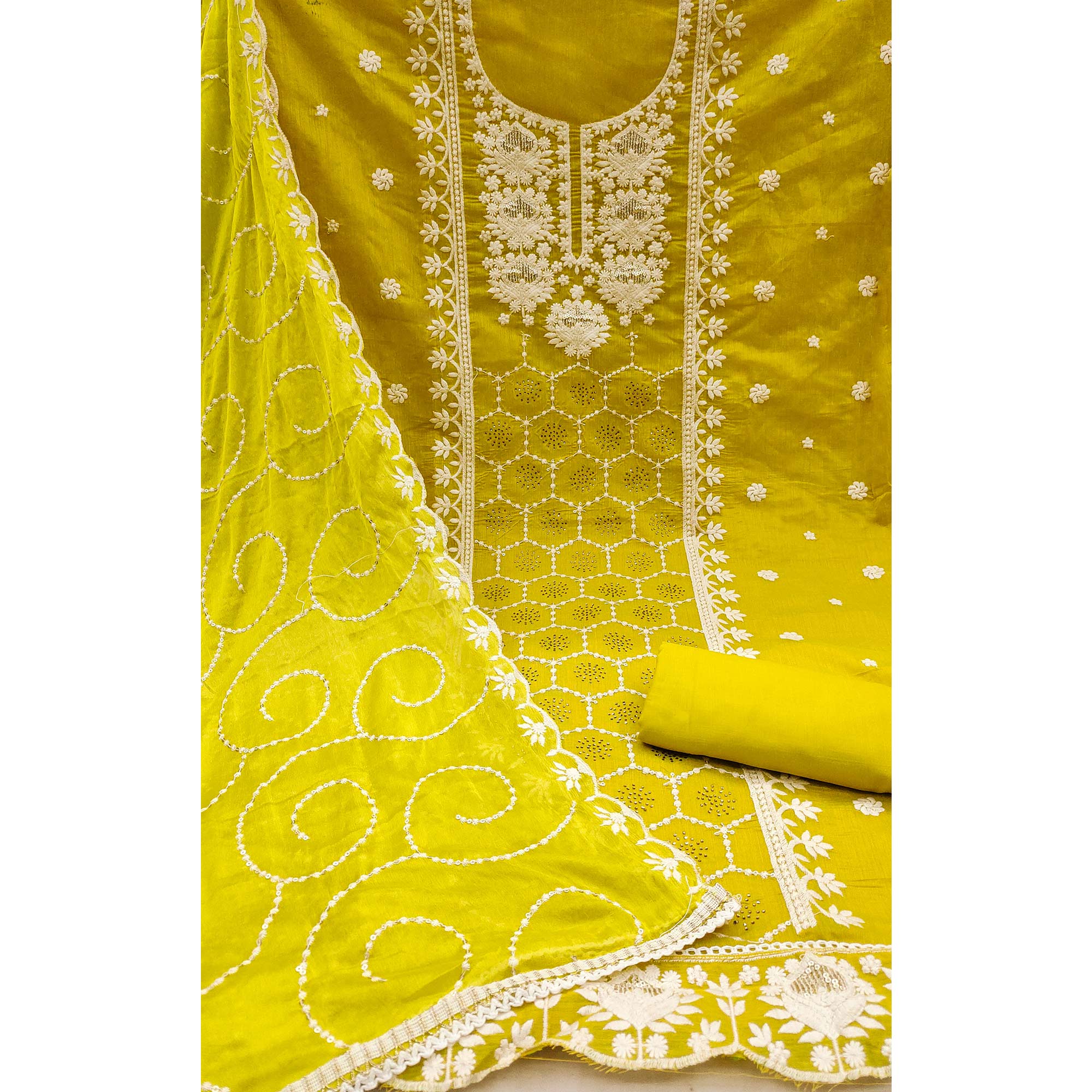 Green Floral Sequins Embroidered Chanderi Silk Dress Material