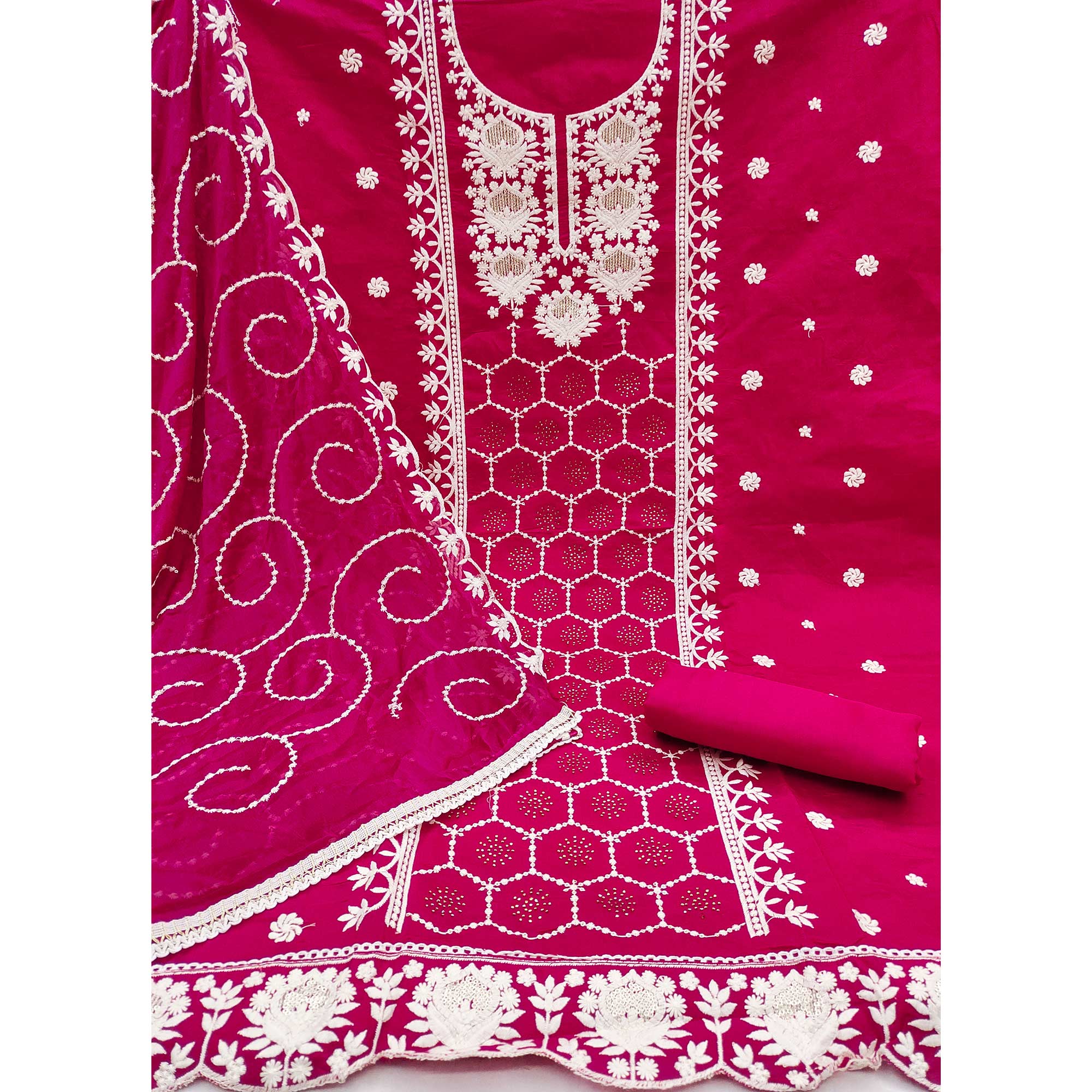 Rani Pink Floral Sequins Embroidered Chanderi Silk Dress Material