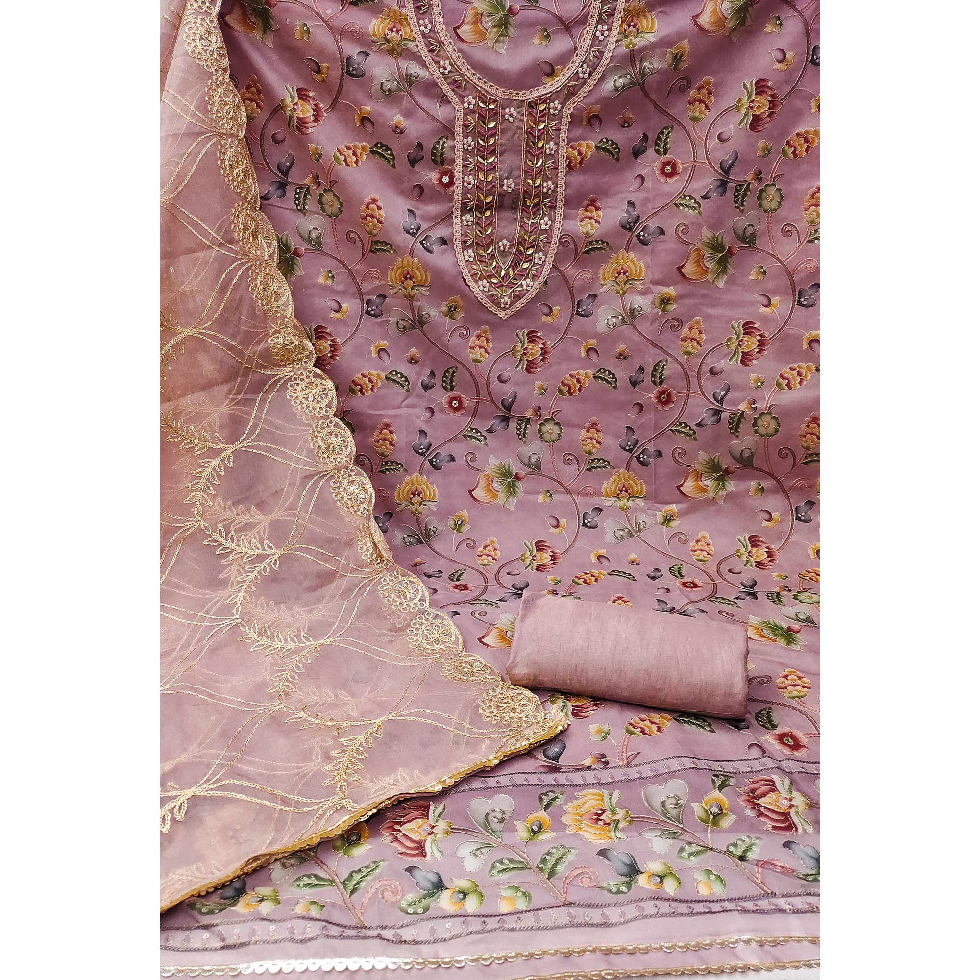 Mauve Floral Digital Printed With Hand Embroidery Organza Dress Material