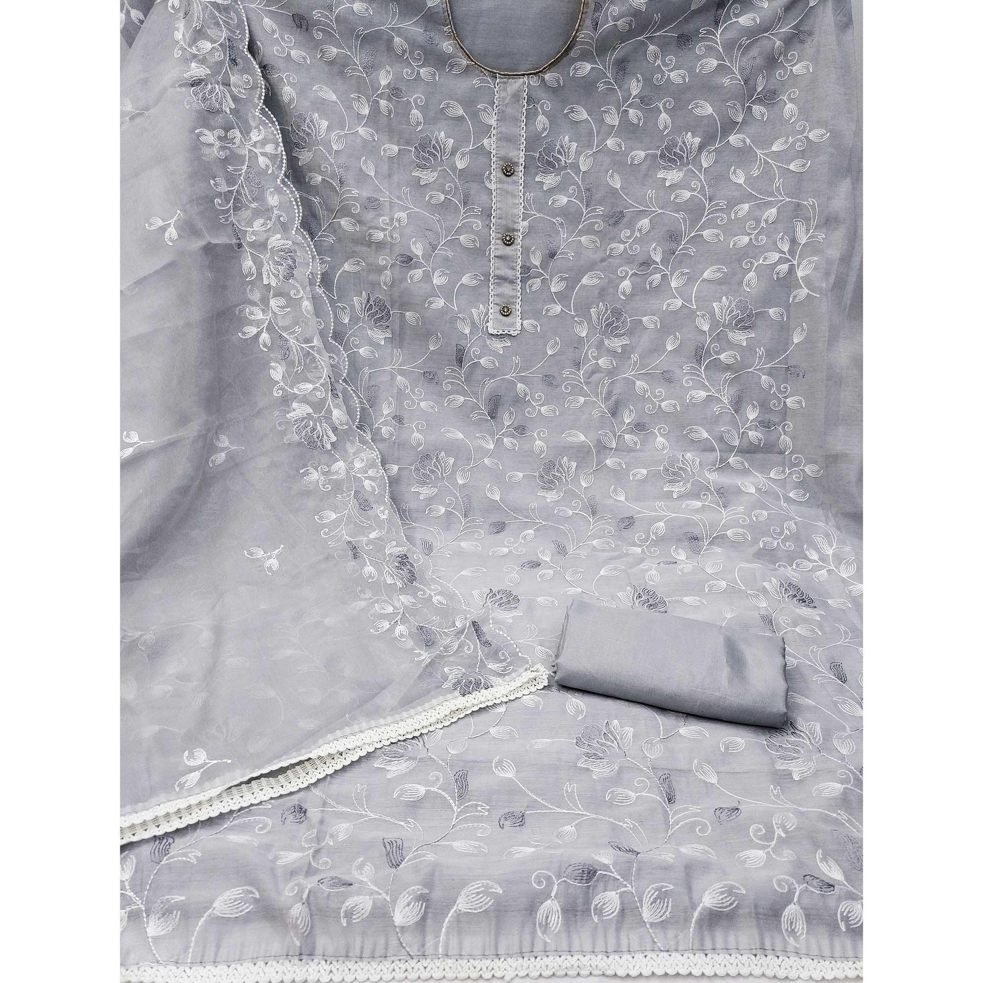 Grey Floral Embroidered Chanderi Silk Dress Material