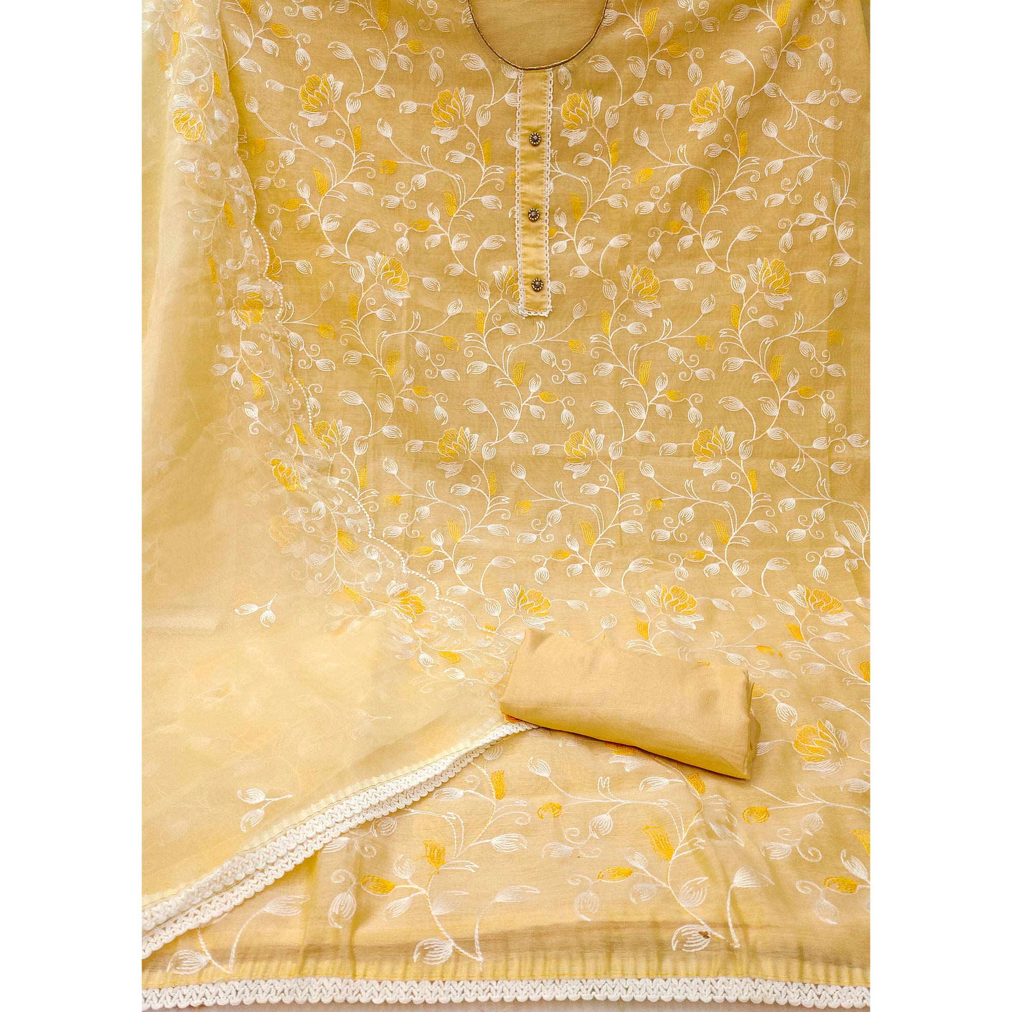 Yellow Floral Embroidered Chanderi Silk Dress Material